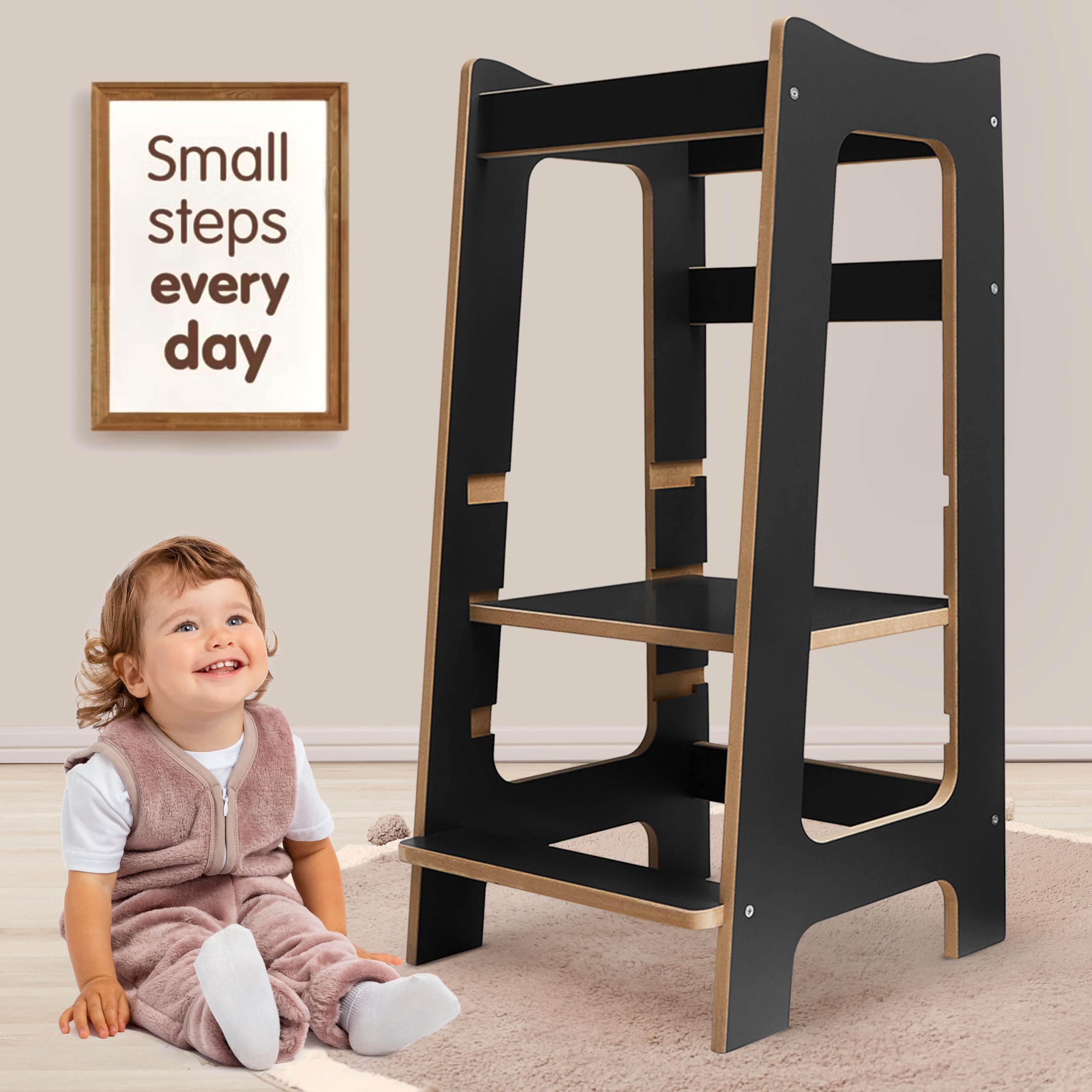 Love For Sleep Anthracite/Pine Montessori Learning Tower – Wooden Kitchen Step Stool, Safe Standing Helper Platform With 3 Adjustable Heights For Toddlers 2–6 Years ()