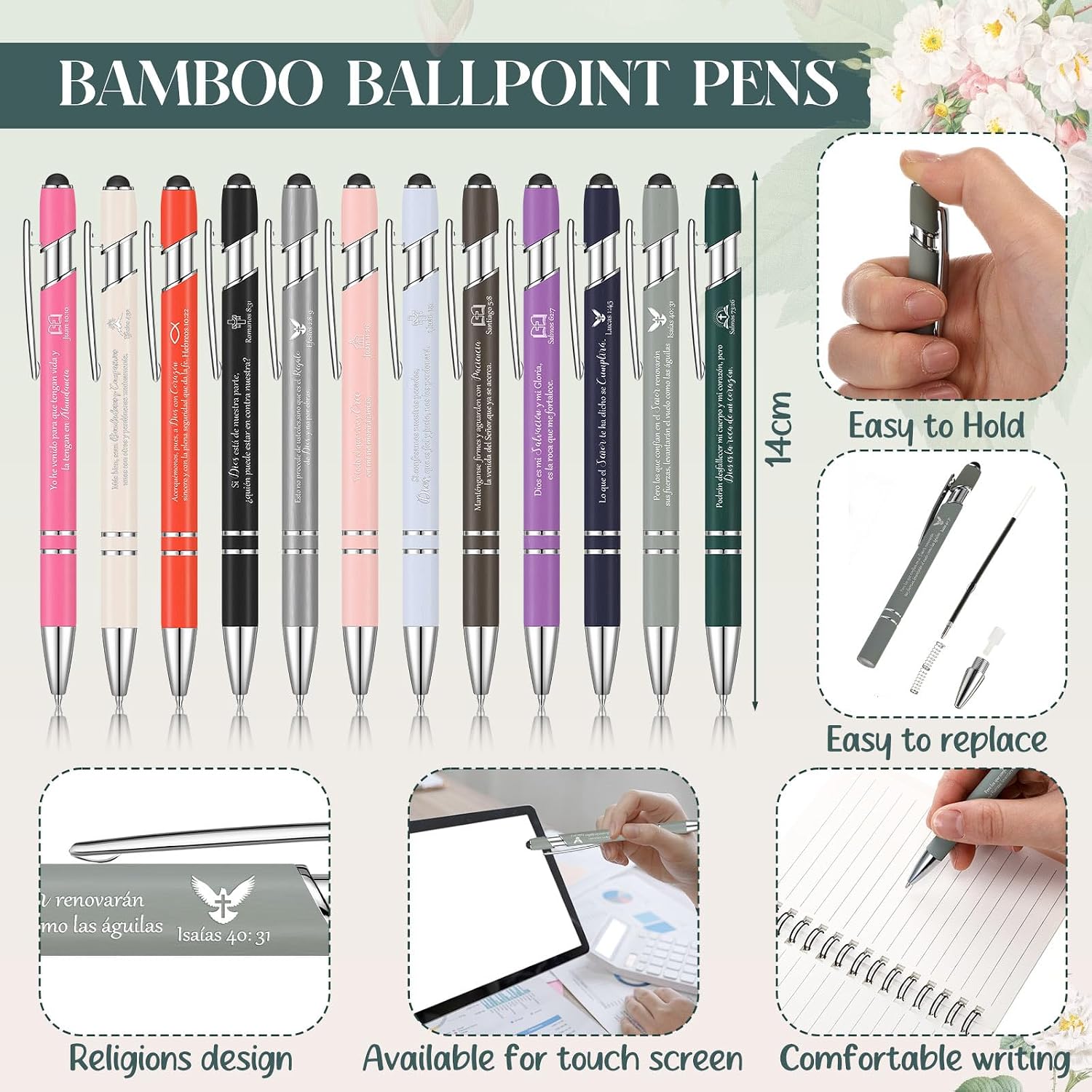 Supervitae 24 Pcs Spanish Christian Gifts for Women Mother's Day Gifts Bible Verse Religious Notebooks Ballpoint Pens for Sunday Church Party Favors