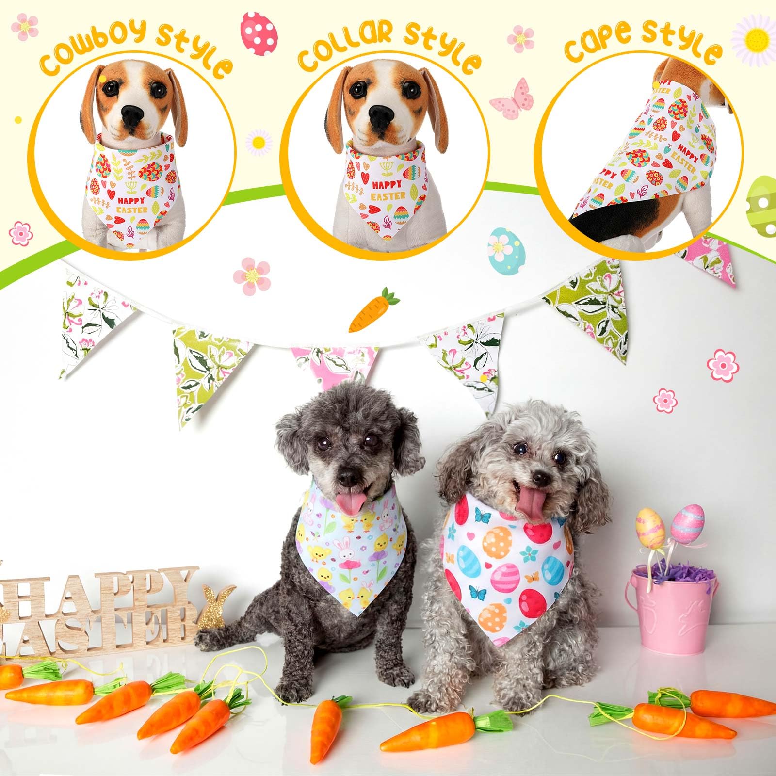 Cuffbow Lot de 200 bandanas de Pâques pour chien en vrac avec dictons - Écharpe triangulaire - Costume pour animal domestique - Tenue réglable - Lavable - Pour animaux de compagnie de petite et