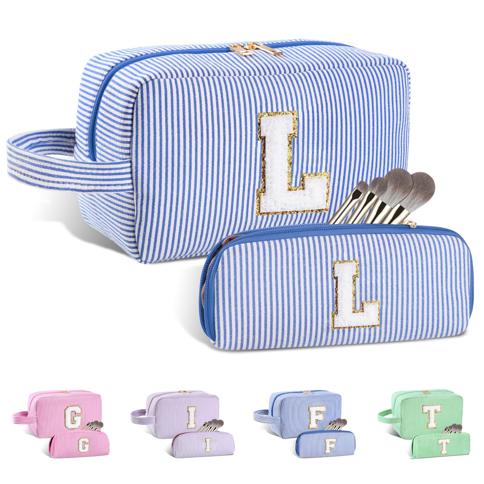 Huifen 2pcs Personalized Initial Makeup Bag A-Z Set, Preppy Make up Bag Cosmetic Bag Toiletry Bag, Easter Basket Gifts Birthday Gifts for Kids Teen