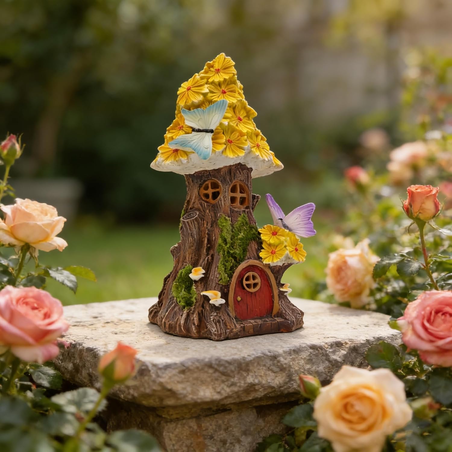 COWOS Mushroom House Statue, Mushroom Fairy Garden House with Solar Light, for Women's Yard Decorations, Gardening Gifts for Patio