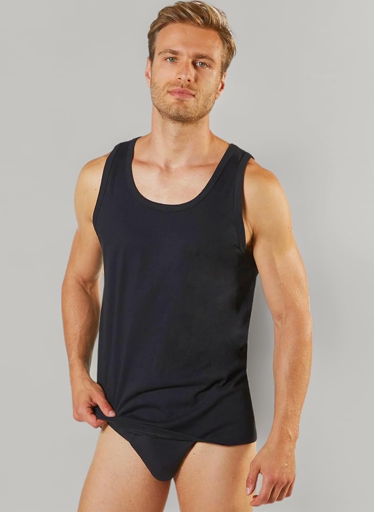 Pacco Da 3 Canottiere Uomo In Cotone 100% – Canotta Senza Maniche, Taglio Atletico, Colori Blu Navy, Cielo E Blu Reale – Taglia XL