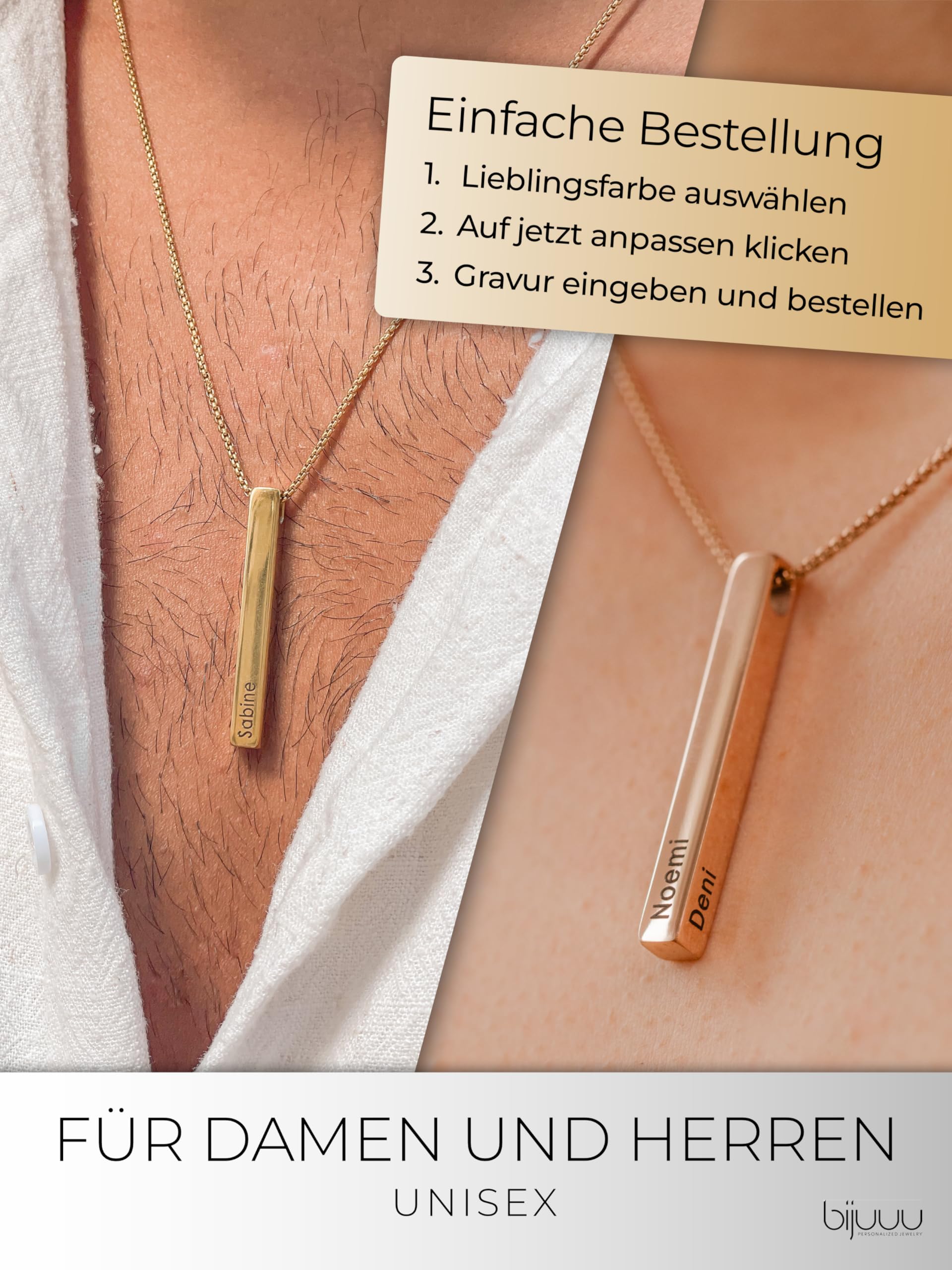 bijuuu Säulenkette personalisierbar mit Gravur – Wasserfeste Stabanhänger Halskette – Namenskette mit Karabinerverschluss – 50-55 cm Länge aus 316L Chirurgen Edelstahl