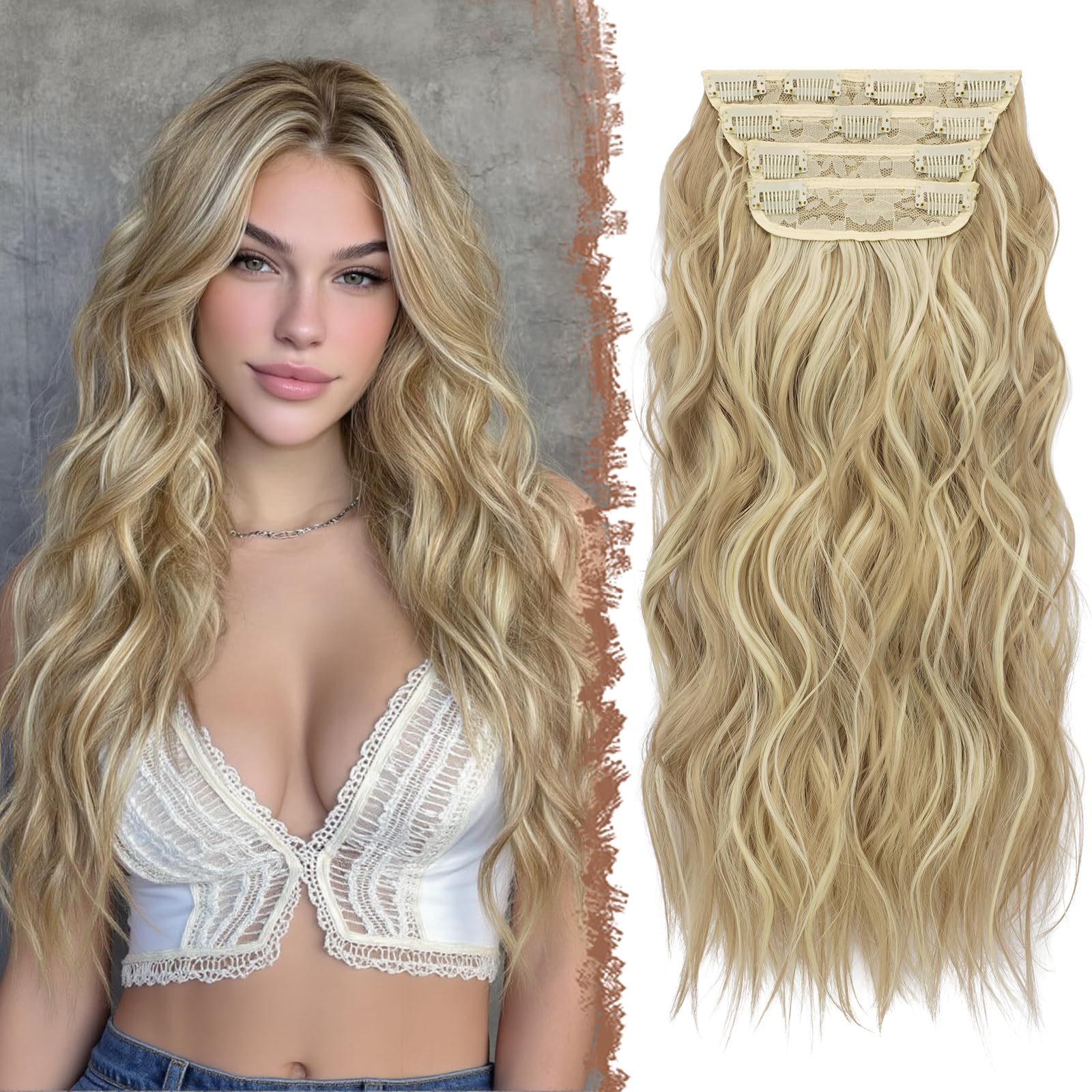 FESHFEN Clip in Hair Extensions 4PCS Dirty Blonde Thick Hair Piece Long Wavy Clip in Extensions Highlighted Full Head Synthetic Fiber Hairpieces for Women, 20 Inch 180g