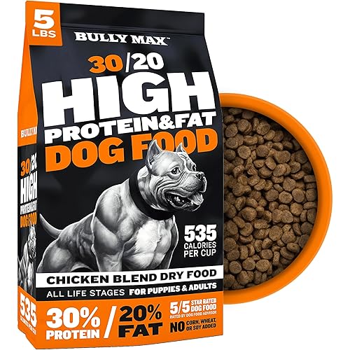 Bully Max Dry Dog Food for Adults & Puppies - High Protein & Fat for Muscle & Weight Gain - High Performance Dog Food Supplements - Small & Large Breed Dogs (535 Calories Per Cup), Chicken, 5lb Bag