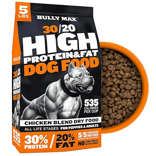 Bully Max High Performance Super Premium Dog Food. for All Ages (for Puppies & Adult Dogs). 535 Calories Per Cup. for Muscle, Size, Growth, and Weight. (5 Pound Bag)