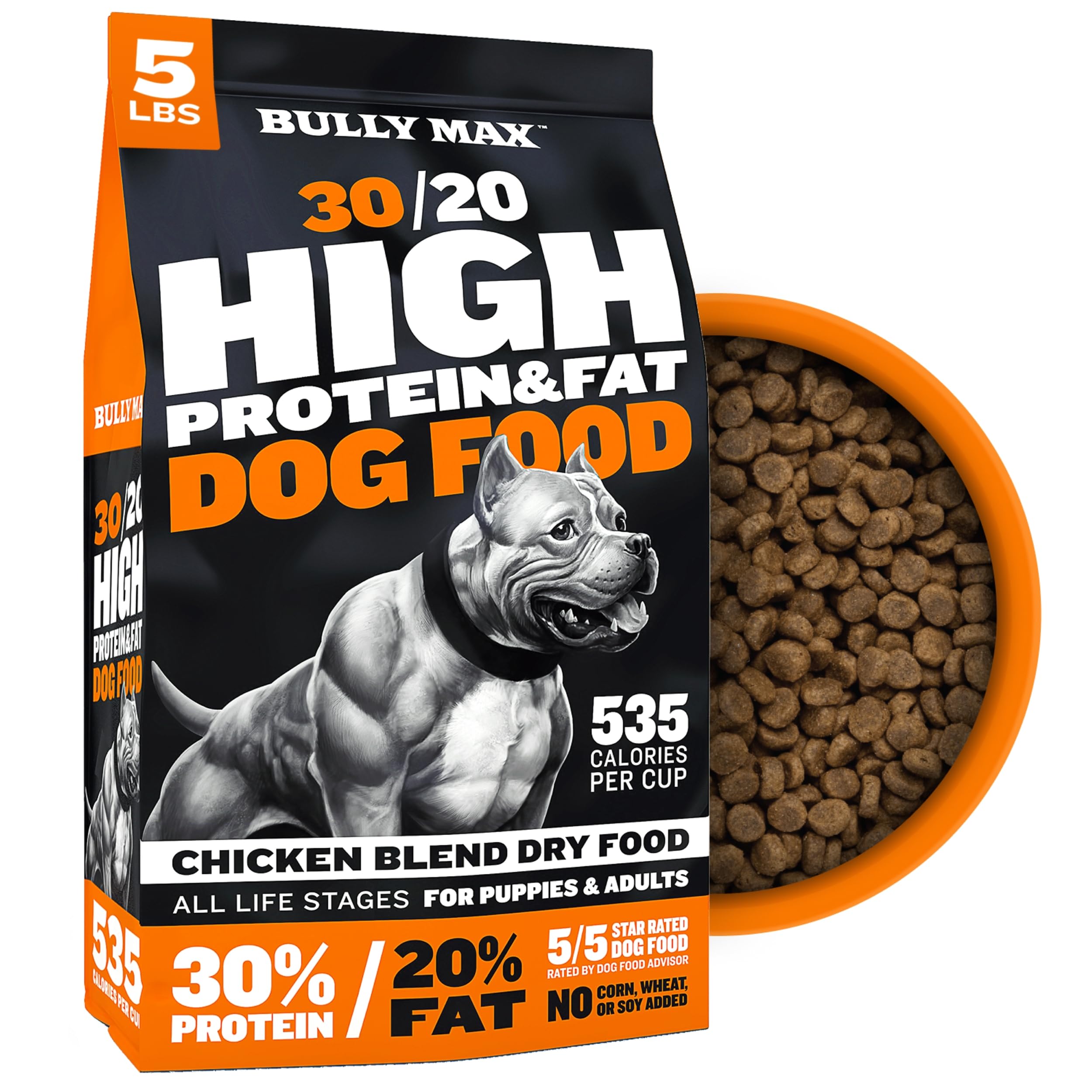 Bully Max Dry Dog Food for Adults & Puppies - High Protein & Fat for Muscle & Weight Gain - High Performance Dog Food Supplements - Small & Large Breed Dogs (535 Calories Per Cup), Chicken, 5lb Bag