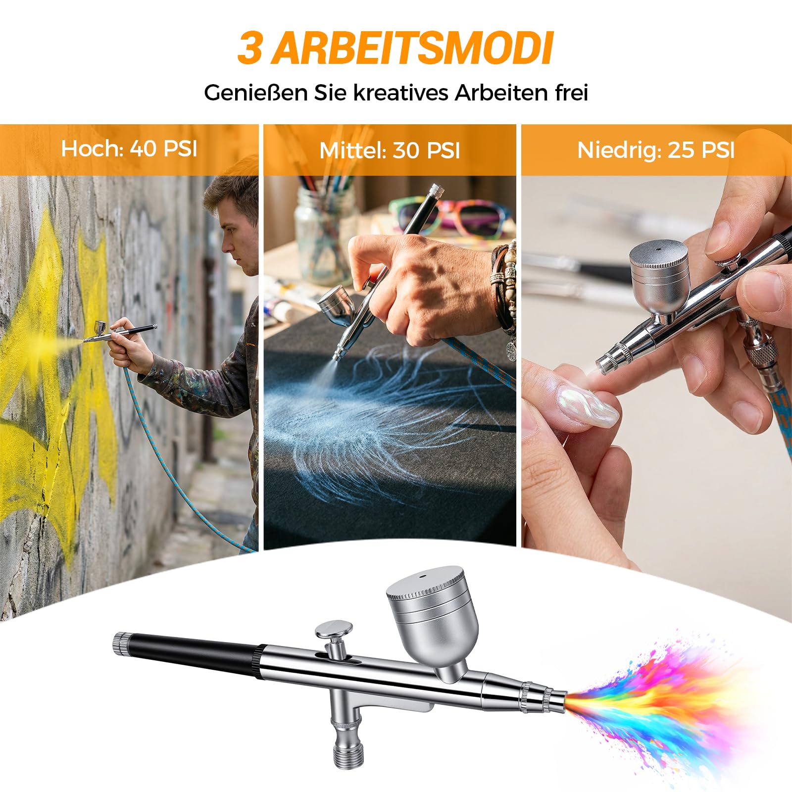 Airbrush Set mit Kompressor 40 PSI Double Action 3 Düsengrößen 0,2/0,3/0,5 mm für Modellbau