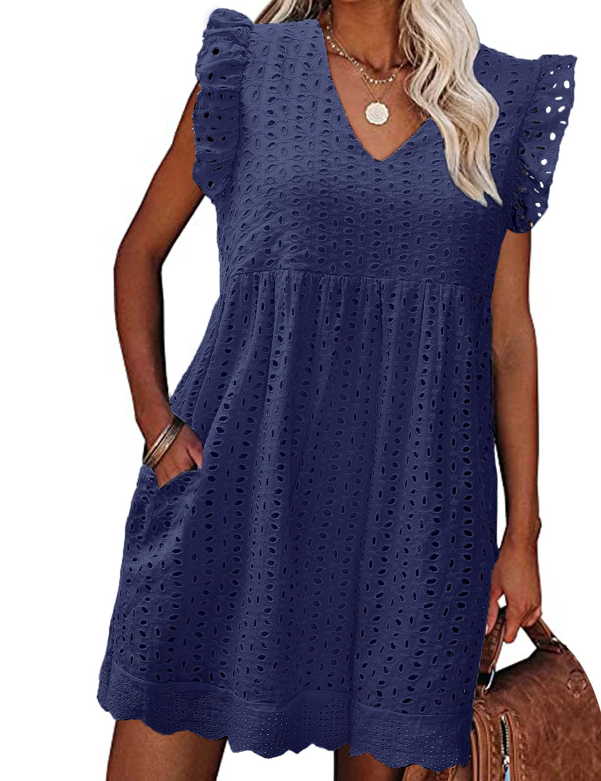 heekpek Abito Estivo Donna Scollo a V Vestito Corto Donna Cotone Senza Maniche con Volant Abiti Leggero Jacquard Abito a Canotta Casual Abito Mare da Spiaggia con Tasche