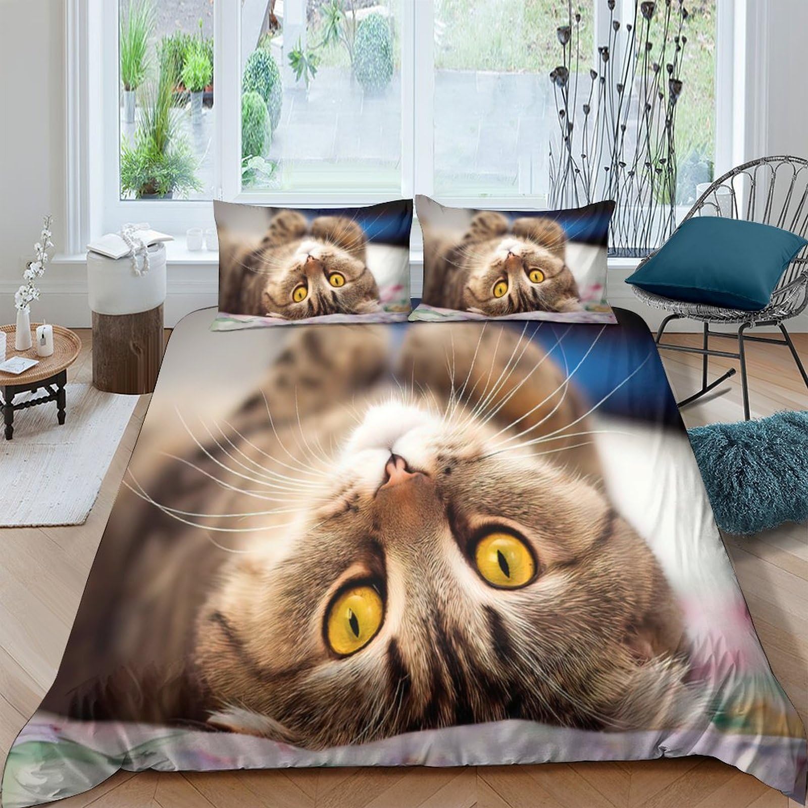 Ctjqhvkz Style-10 3D Printed Tabby Cat Face Fitted Sheet Microfiber Soft Anti-Slip Yellow Eyes Bed Cover For Bedroom Dorm Guest Room Decor Single（135X200cm）