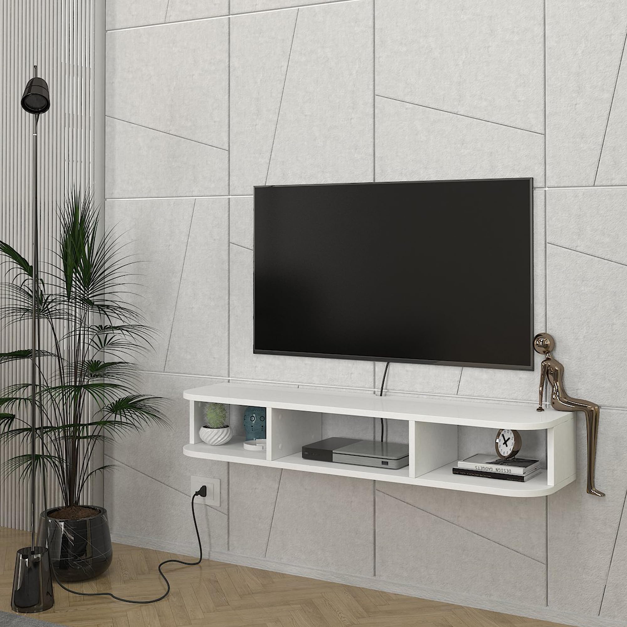 [en.casa] Mobile Porta TV Sospeso con 3 Vani Portaoggetti Scomparti Aperti Mensola da Parete Stand Multimediale con Passacavi 120 x 30 x 19 cm per Soggiorno - Bianco
