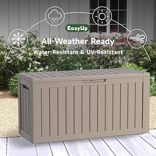 Vista 86 de EasyUp Caja de almacenamiento para exteriores de 230 galones, impermeable, resistente a los rayos UV, con varilla hidráulica, estabilidad reforzada