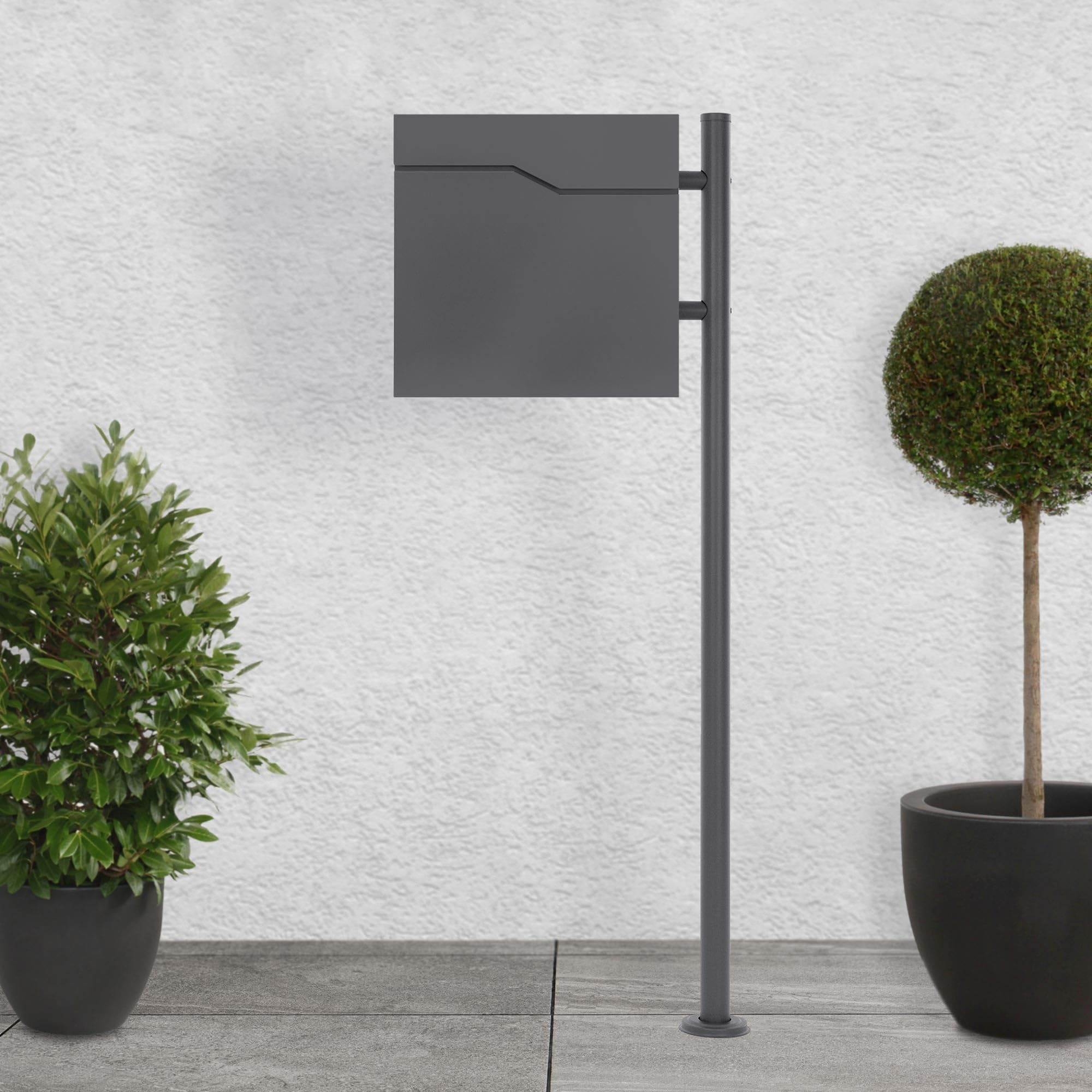 ECD Germany Standbriefkasten mit Zeitungsfach, Design Briefkasten mit Pfosten, Briefkastenanlage, Briefkastenständer Anthrazit 120cm Edelstahl, Postkasten Anthrazit 37x37cm Edelstahl pulverbechichtet