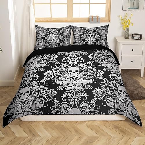 Juego de ropa de cama de damasco gris para adultos, funda de edredón barroca victoriana antigua, tamaño King, funda de edredón floral gótica