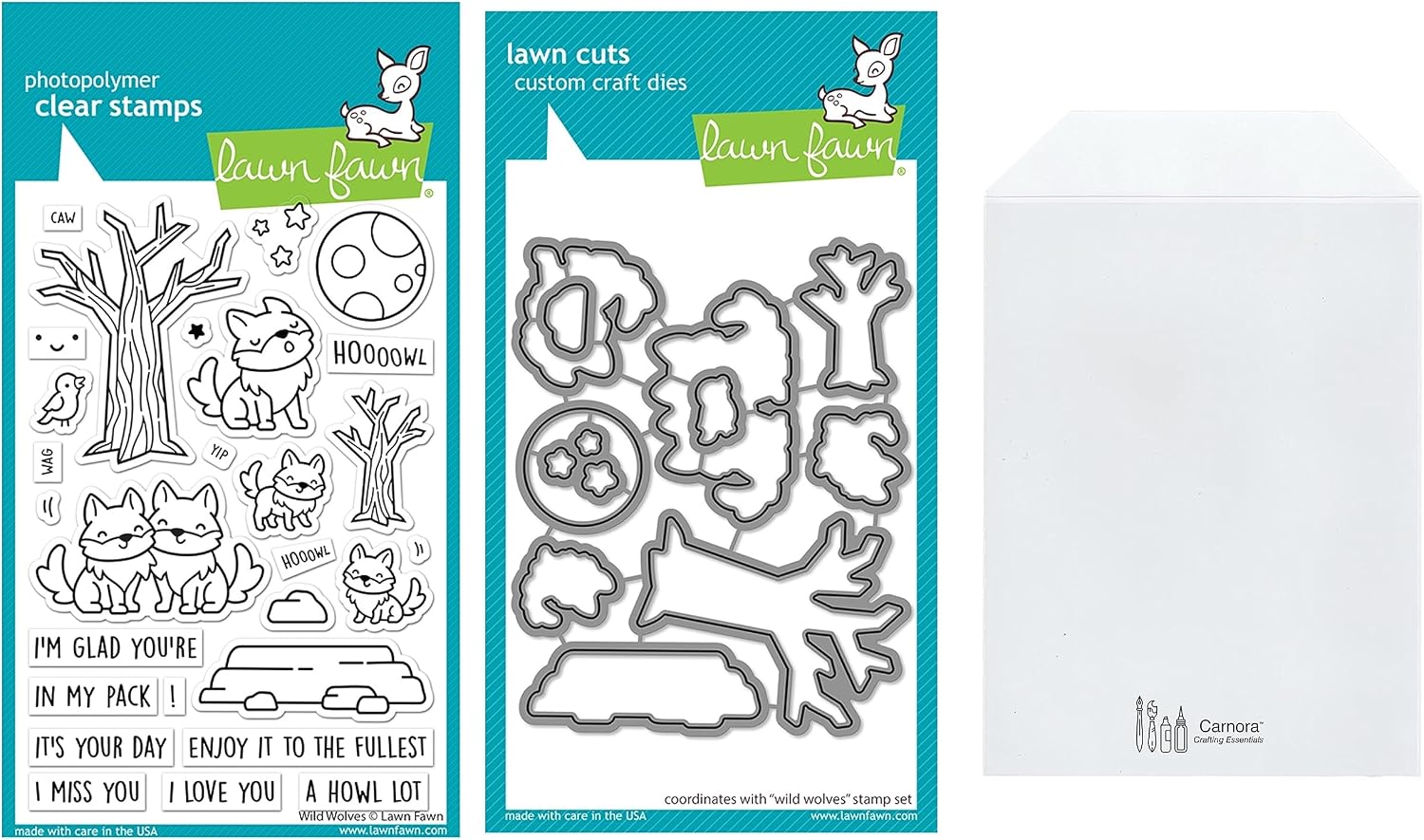 Lawn Fawn Wild Wolves 4"x6" Clear Stamp Set, Coordinating Dies, Carnora Storage Pocket, Bundle of 3 Items