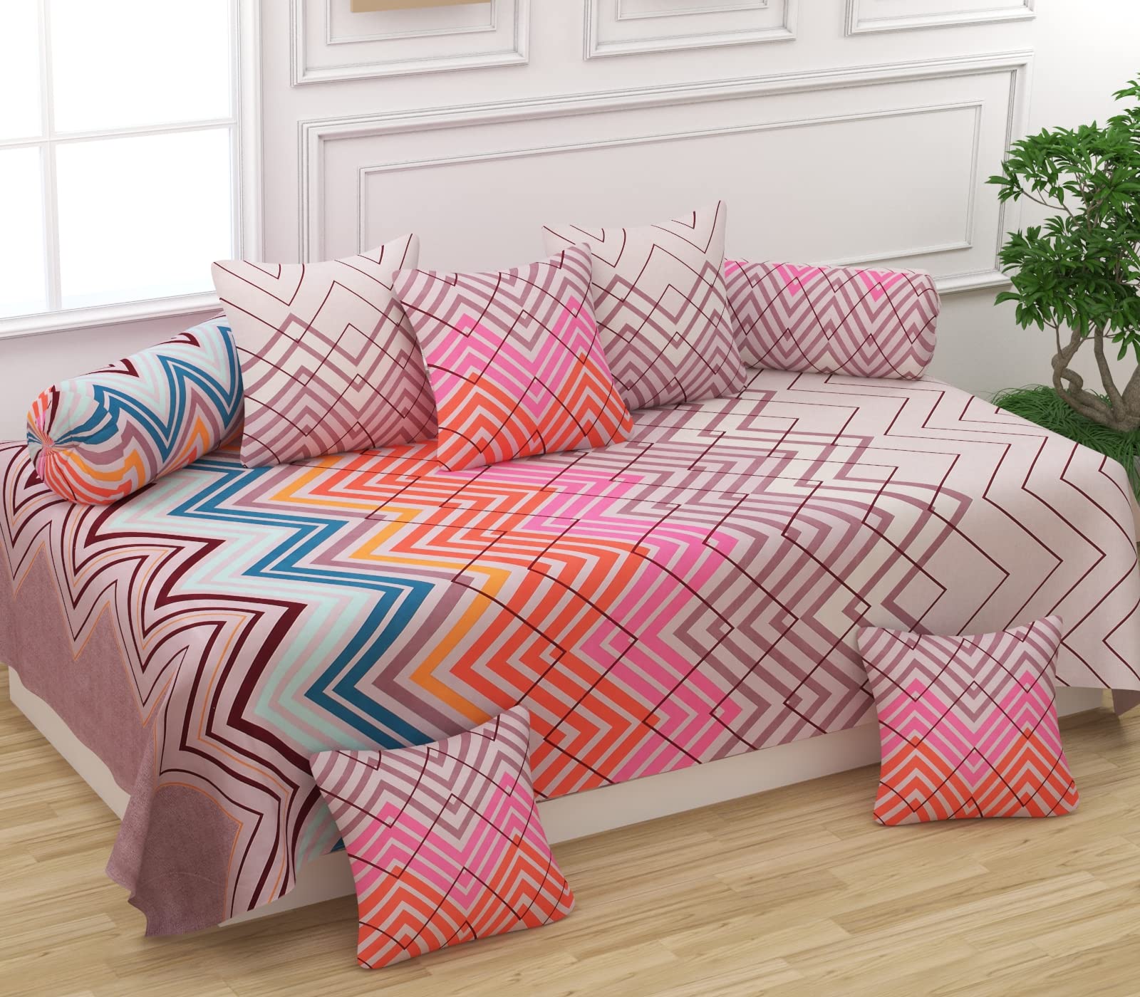 KETOSTICS 210TC Diwan Set Cotton 8 Piece | Deewan Printed Bedsheet Sets for Living Room Hall (Set of 8 Piece, 1-Bed Sheet 60x90 Inch | 2-Bolster Cover 16x32 Inch | 5-Cushion Cover 16x16 Inch)