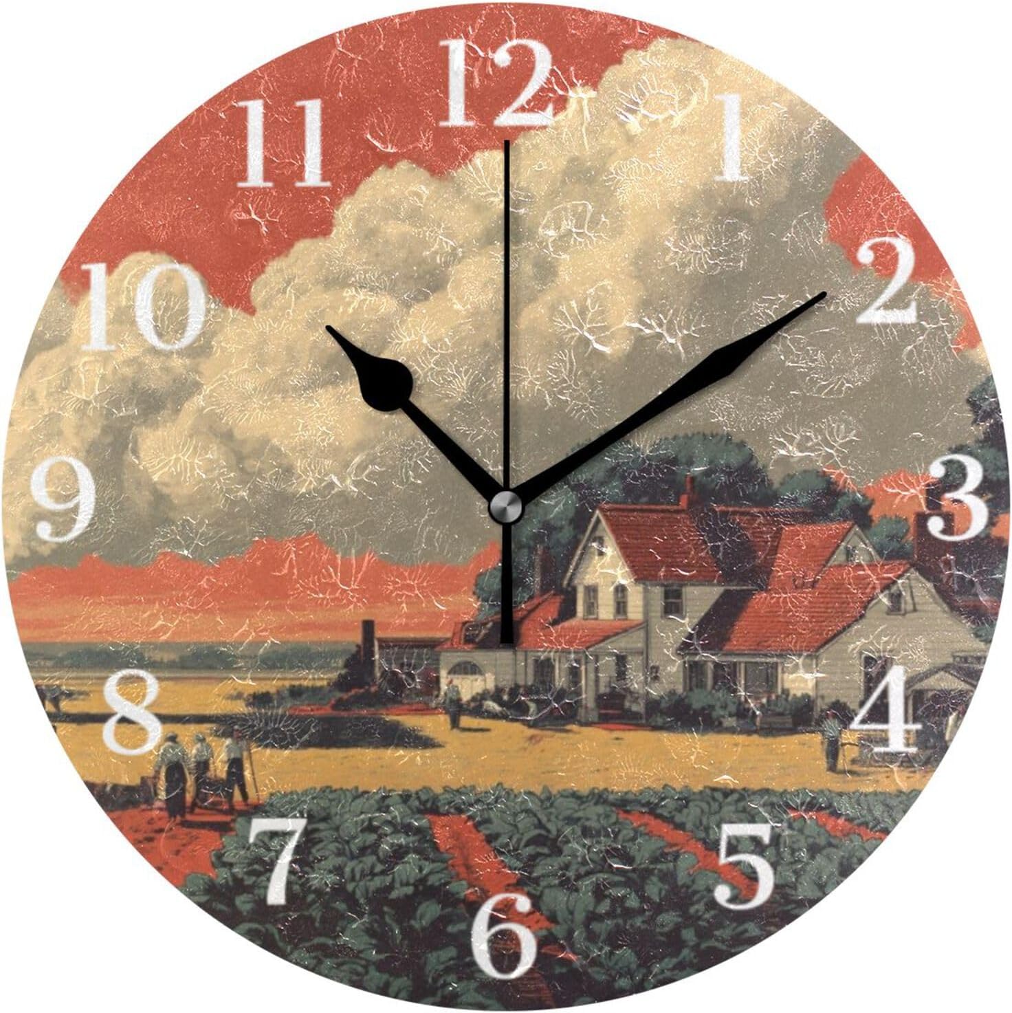 Farmhouse and Fields Wall Clock Silent Non-Ticking Battery Operated Clocks 9.5 Inch for Kitchen Home Living Room
