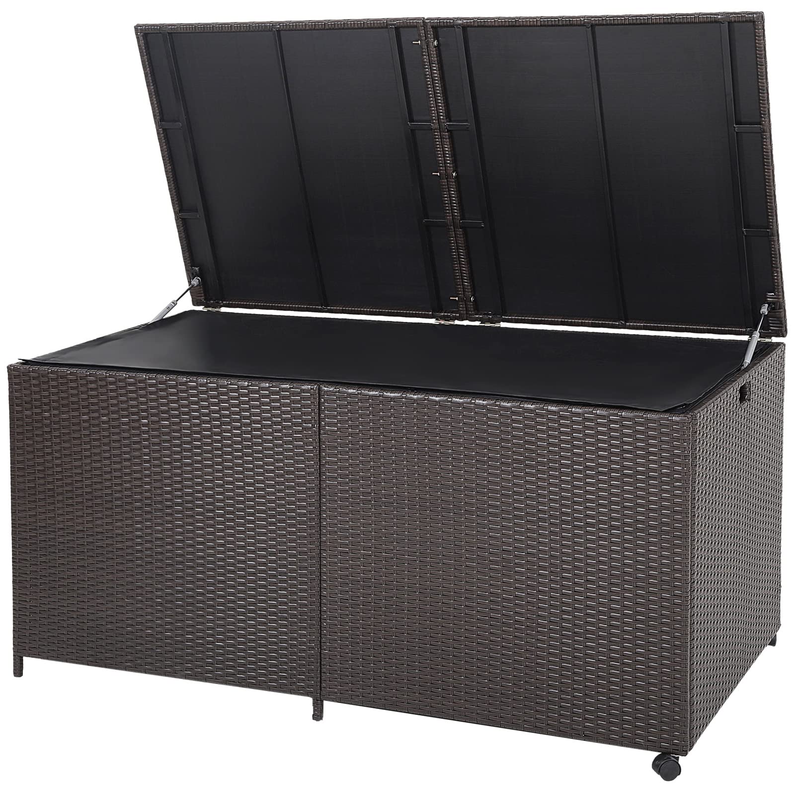 KOMFOTTEU Caja de Almacenamiento de 662 L con Tapa, Baúl de Jardín de Ratán con 2 Ruedas, Arcon Exterior con Asas para Balcón, Terraza, Patio, 150 x 77 x 73 cm