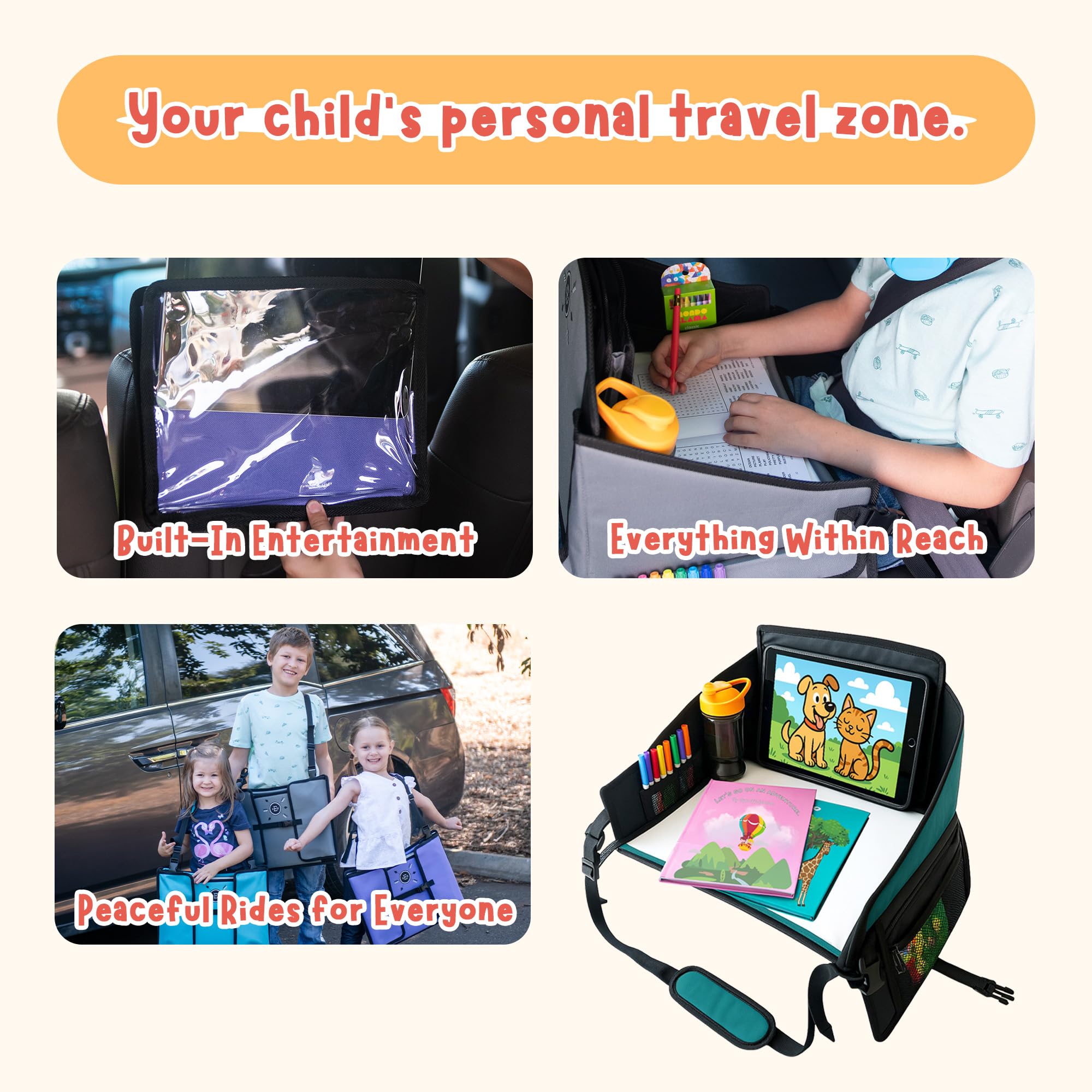 Plateau de voyage pour enfants pour siège de voiture - Violet - Le bureau de voyage essentiel avec support de tablette amovible, rangement intégré et panneaux stabilisés, plateau de voiture