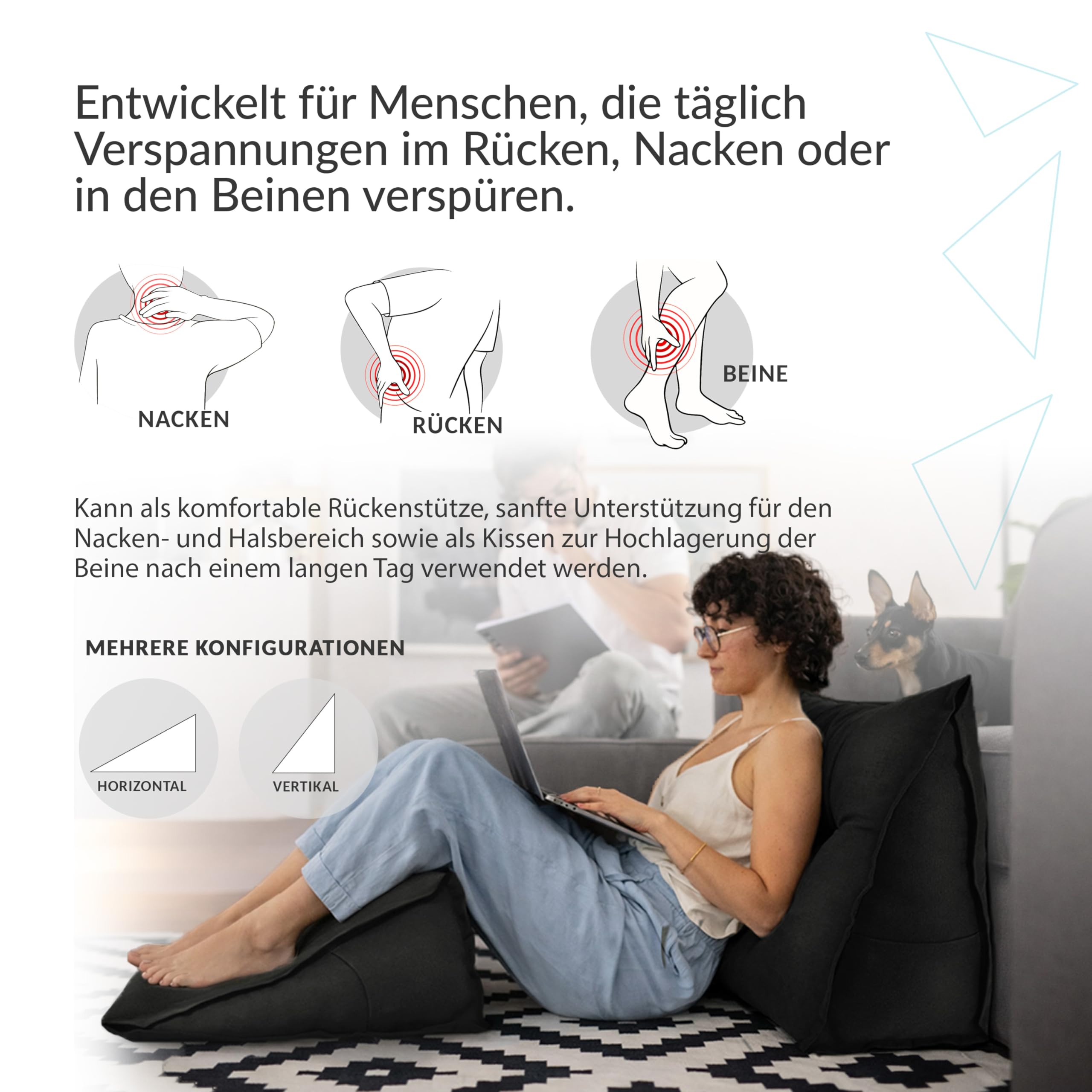 POKAR Rückenkissen 180x50x20 cm | Lesekissen für Bett und Sofa | Großes Keilkissen als Sofakissen für Rückenlehne | Wandkissen mit praktischen Seitentaschen | Oeko Tex 100 Zertifiziert | Grau