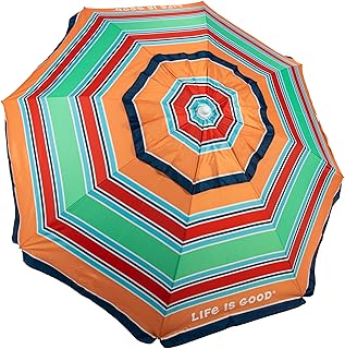 Life is Good 7' Beach Umbrella with Integrated Sand Anchor, Carry Bag, UPF 50+ Protection, Portable Outdoor Tilting Sunshade, Stripe