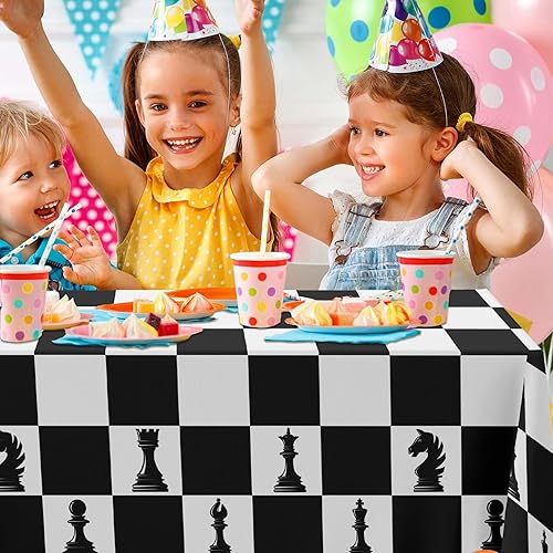 Miniatura 6 de Mantel de cumpleaños a cuadros en blanco y negro, tablero de ajedrez, bandera de carreras con números cuadrados, piezas impresas, decoración de mesa