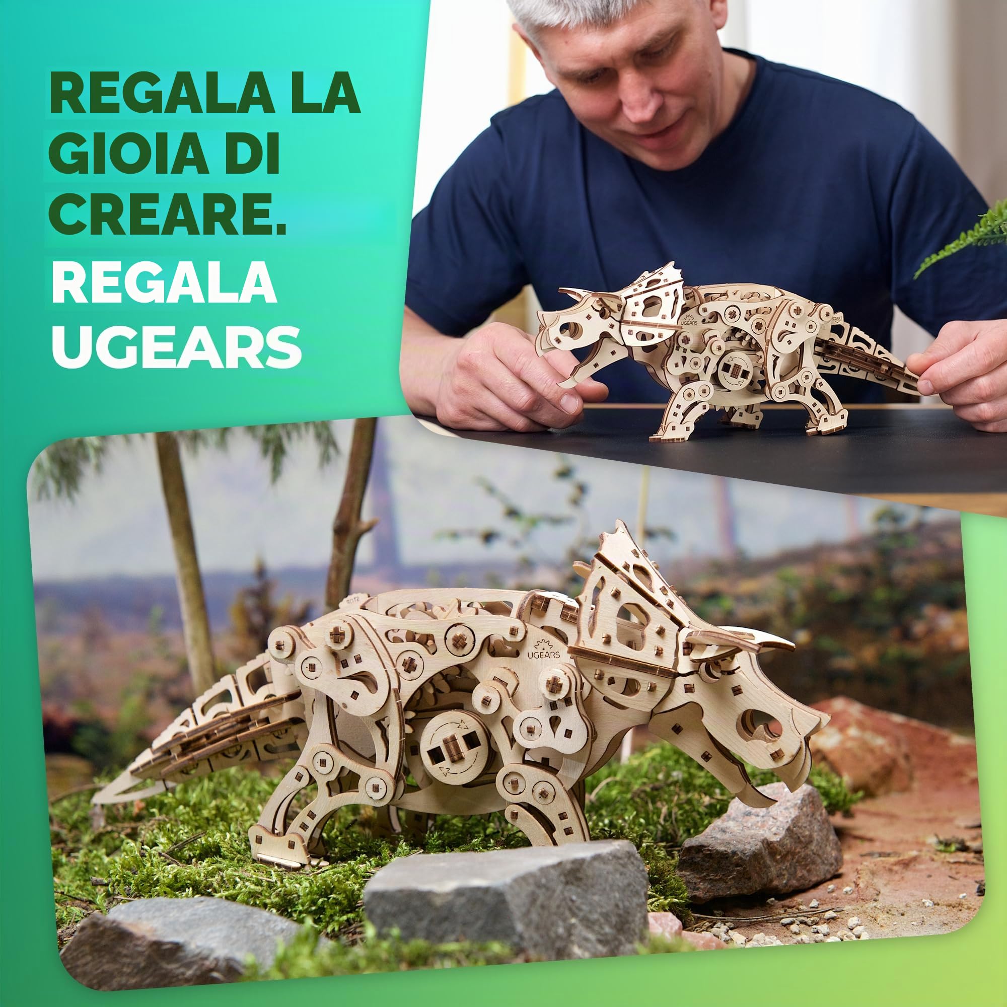 UGEARS Triceratops - Puzzle 3D in Legno da Costruire - Meccanico Dinosauro Modellini Legno da Montare con Movimento Realistico - Ideale per Fan di Modellismo da Costruire e Puzzle Meccanico