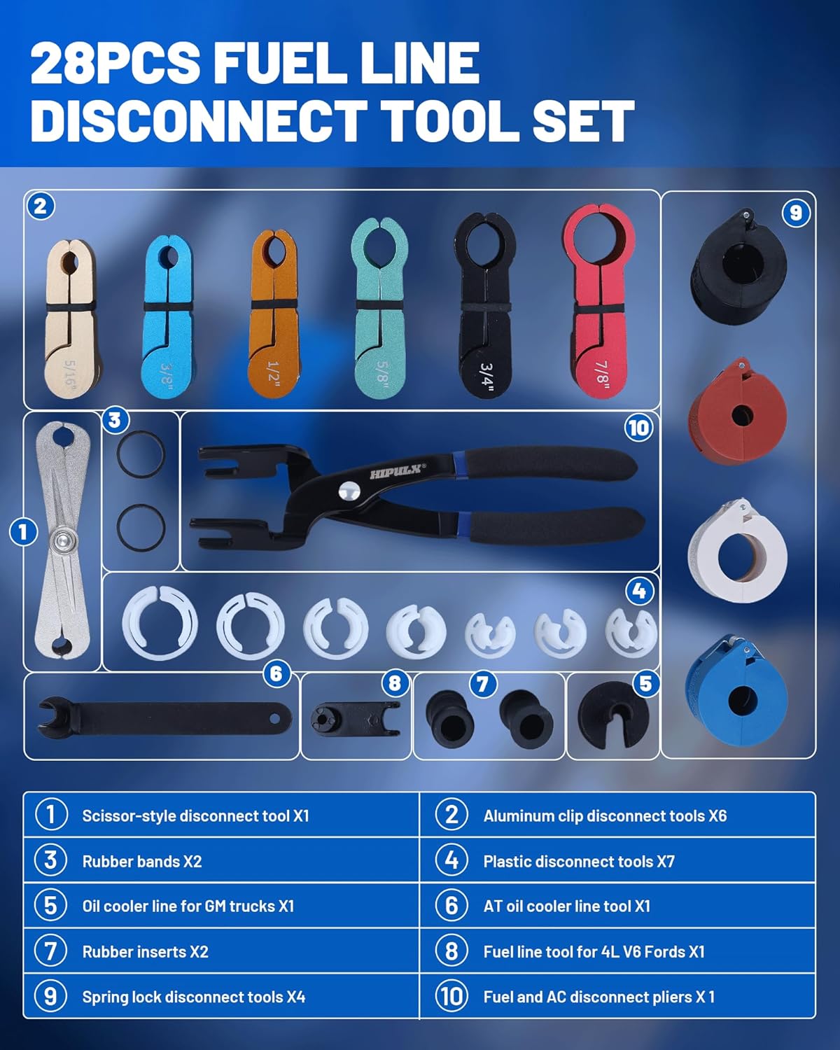 28-Piece Fuel Line Disconnect Tool Set - Complete Kit for AC, Transmission Oil Cooler & Spring Lock Couplings - Quick Disconnect Tool Set for GM Trucks & Ford 4.0L V6, Scissor Pliers & Case