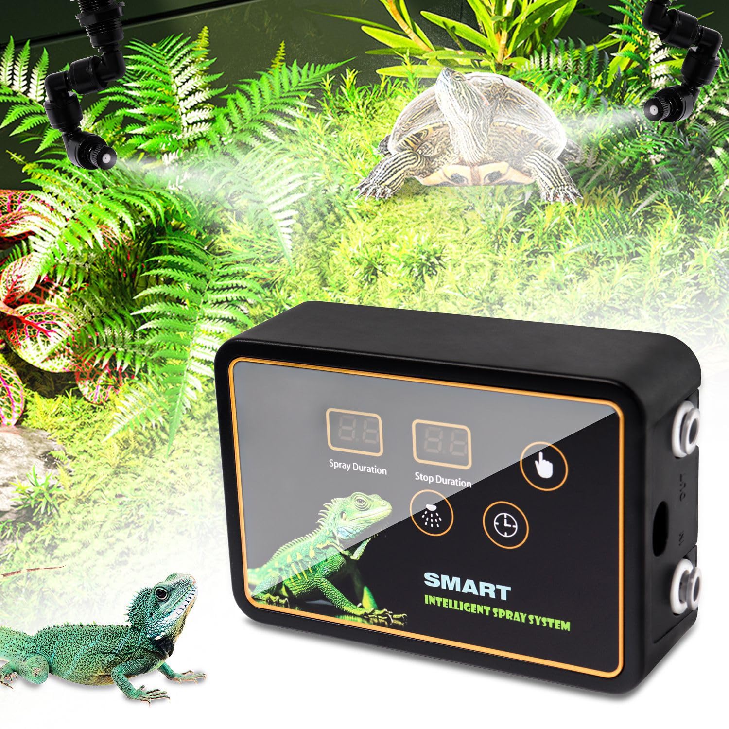 Reptilien Benebelungssystem Terrarium,GuKKK Intelligentes Reptilien Luftbefeuchter mit Schlauch mit Timer und Sprühdüsen 360 ° Verstellbare, Vernebler Terrarium für Amphibien Pflanzen