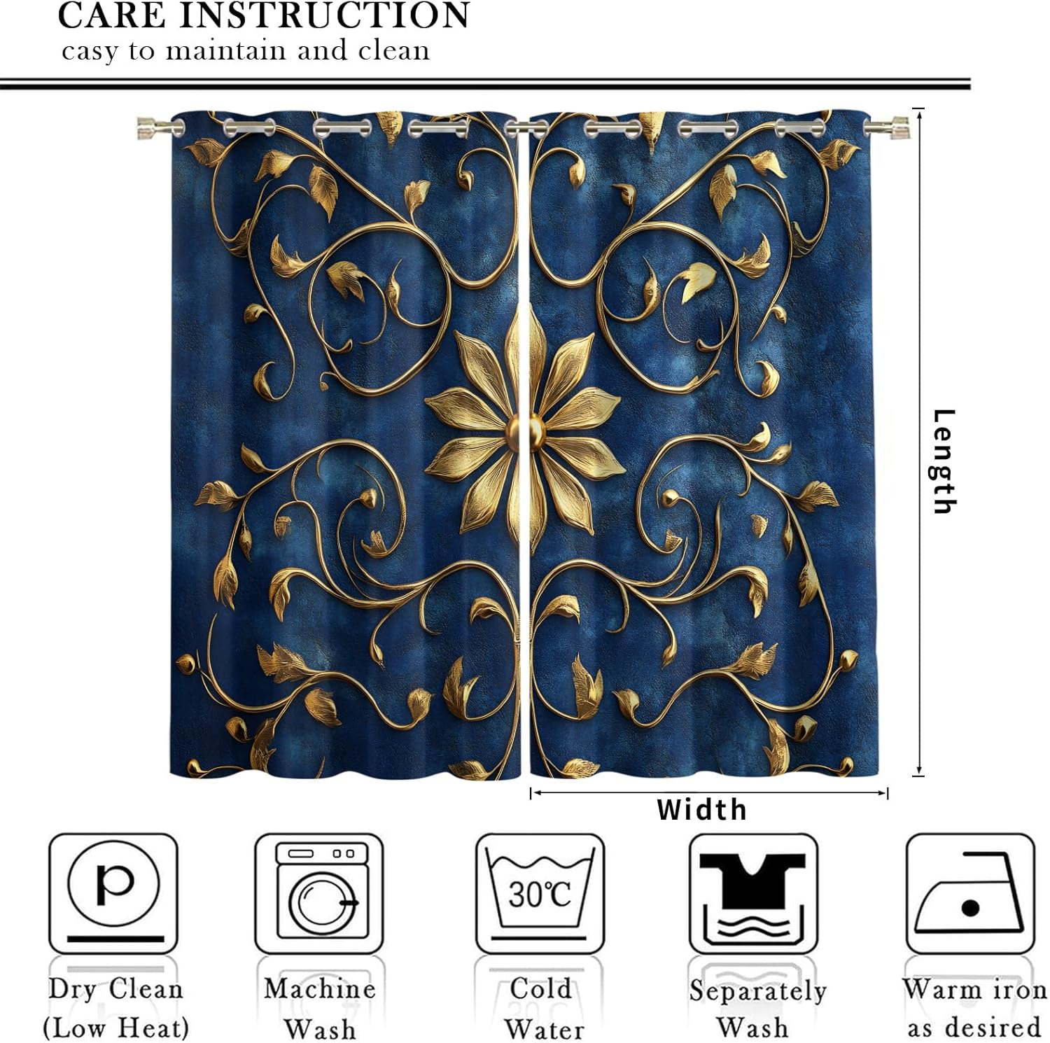 Flowers Blackout Curtains, Golden Totem Printed Drapes, Baroque Style Thermal Insulated Drapes 2 Panels Darkening Window Curtain for Bedroom Living Room 27" W x 39" L x2
