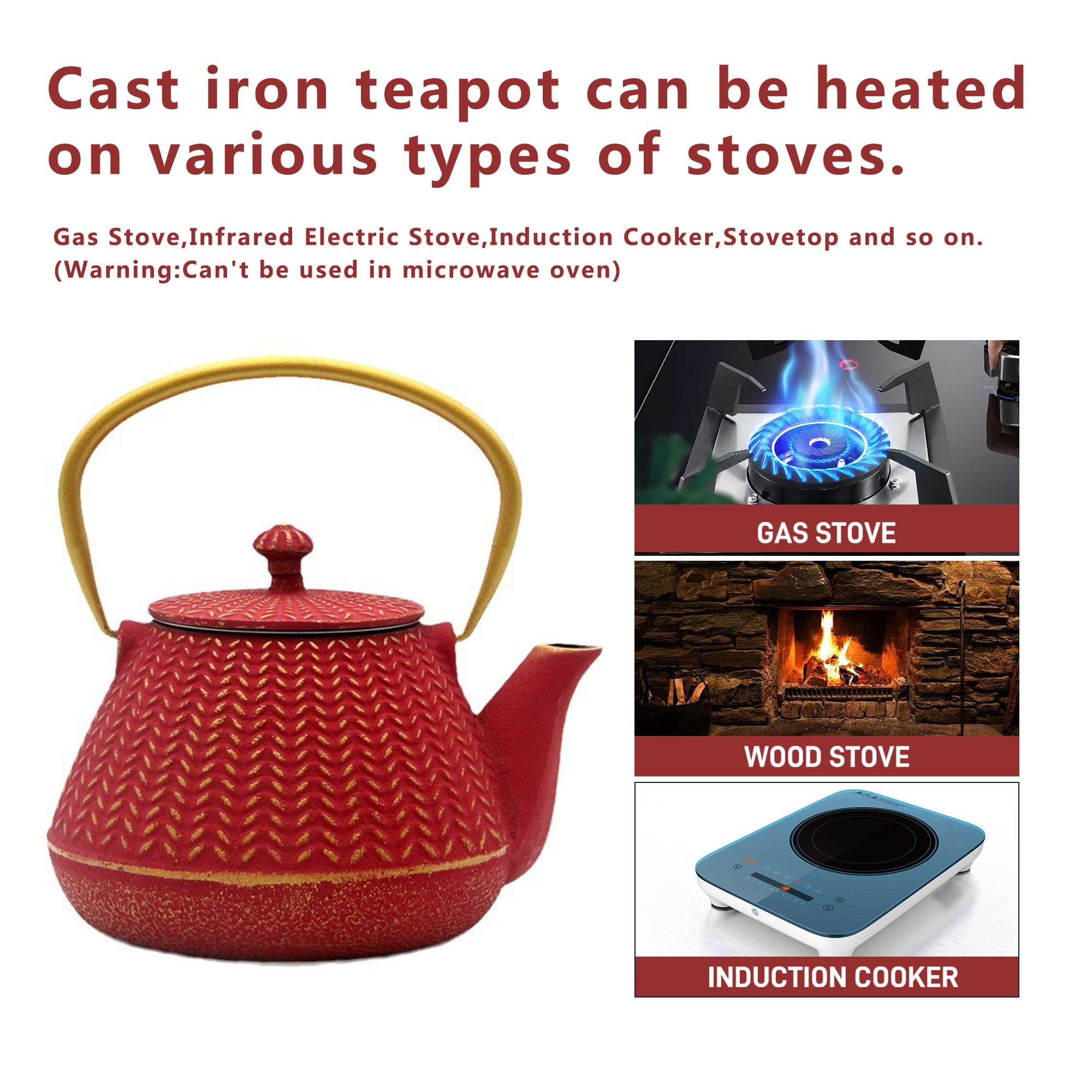 Tetera pequeña de hierro fundido para estufa, tetera roja recubierta con interior esmaltado, tetera duradera con infusor de acero inoxidable para hojas sueltas (1000 ml)