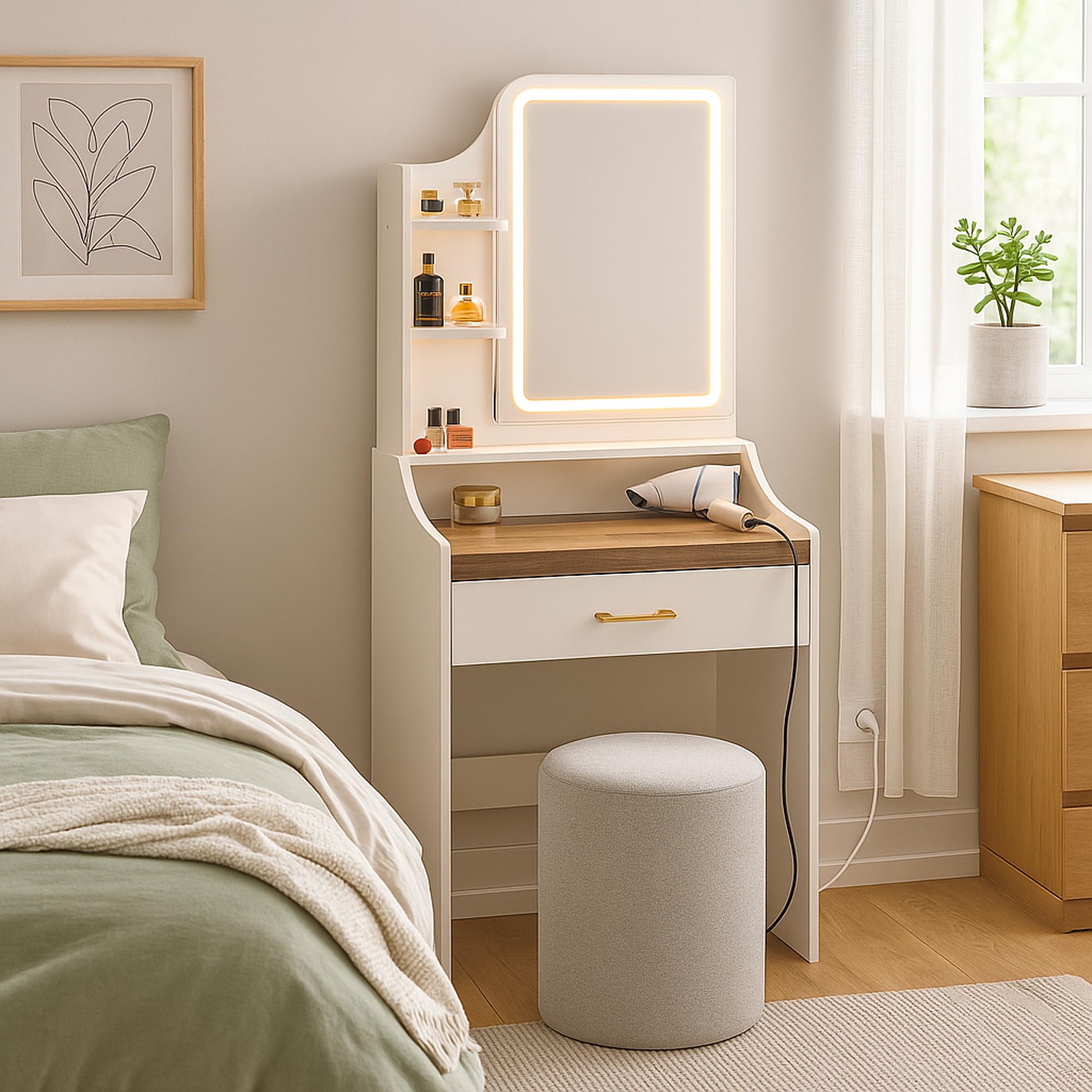 FRANKYSTAR Afrodite - Toeletta Trucco Consolle con Luce LED Cassetto 3 Ripiani e Prese Postazione Make Up in Legno Bianco