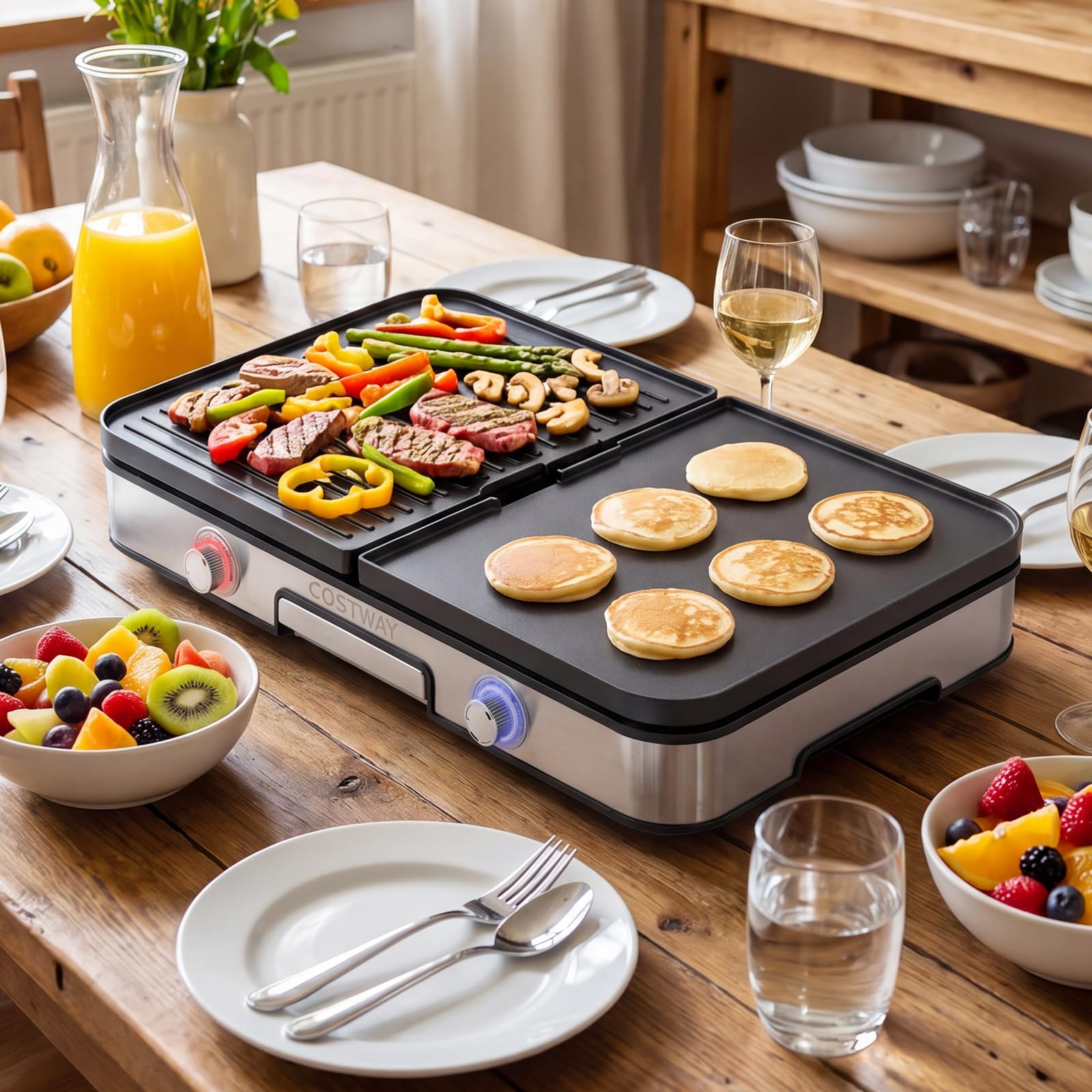 COSTWAY 3 en 1 Plancha Électrique 2000W, Double Zone, Plancha Grills avec 2 Plaques Réversibles, Protection Contre les Éclaboussures, Bac à Graisse Amovible, pour Intérieur et Extérieur