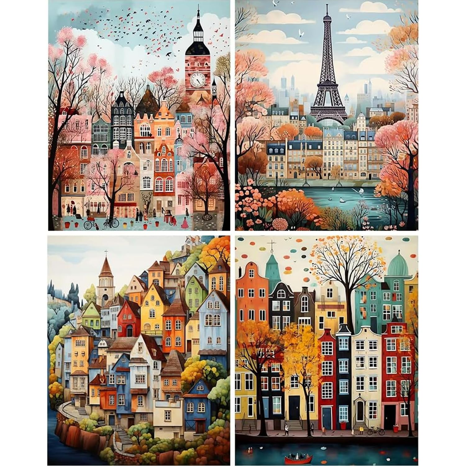Jakener 4 Pack Diamond Art Kits Adults, Cityscape Diamond Painting Kit for Adults Beginner, DIY Full Round Drill Crystal Gem Art Craft, 5D Adults Paint by Diamonds Dots for Home Wall Decor 12x16 Inch