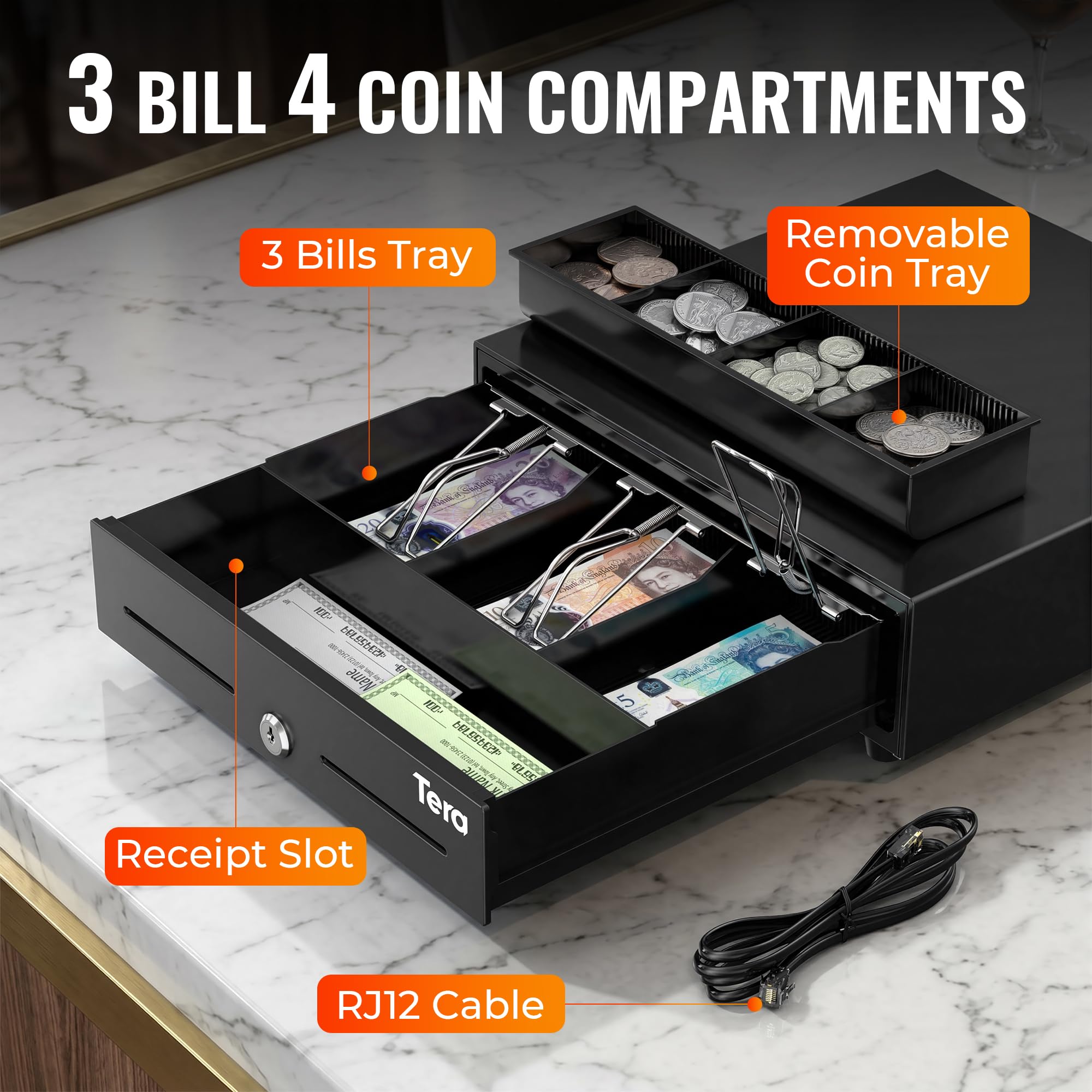Tera Tiroir à monnaie robuste 33 cm : 3 billets 4 pièces de monnaie caisse enregistreuse 335 x 330 x 105 mm interface RJ12 12 V fente média système POS ouverture automatique manuelle avec serrure à 6