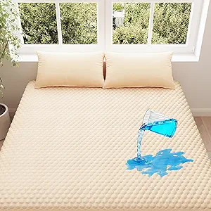 OhGeni 100% Waterproof Mattress Protector, Queen Size Mattress Pad, Fits 6"-20" Mattresses with Deep Pocket, Cooling, Breathable Fitted Sheets, Soft Bed Cover, Noiseless, Machine Washable, Beige