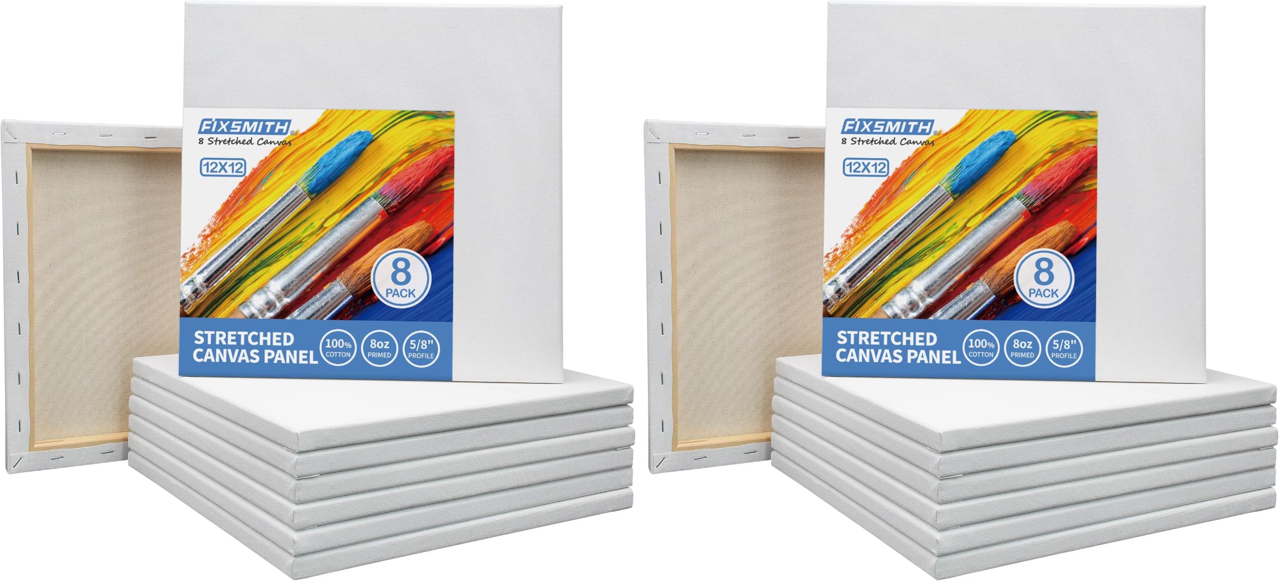 FIXSMITH Stretched White Blank Canvas- 12x12 Inch,Bulk Pack of 16,Primed,100% Cotton,5/8 Inch Profile of Super Value Pack for Acrylics,Oils &amp; Other Painting Media