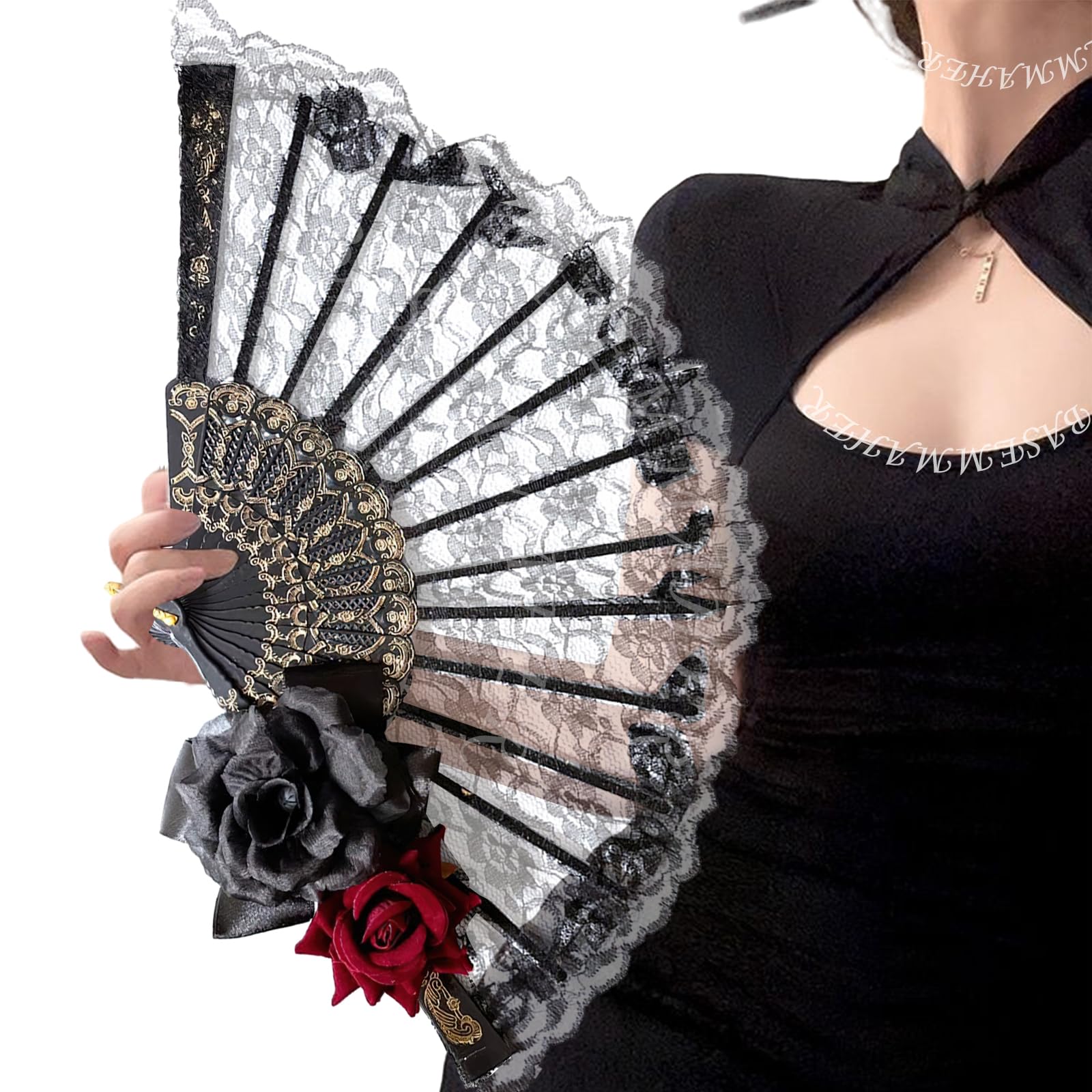 BASEMMAHER Halloween Black Hand Fan Lace Rose Handheld Vintage Flower Retro Spanish Large Folding Fan for Women Girls Wedding Dancing Halloween Party Performance Cosplay Costume Photo Props Decoration