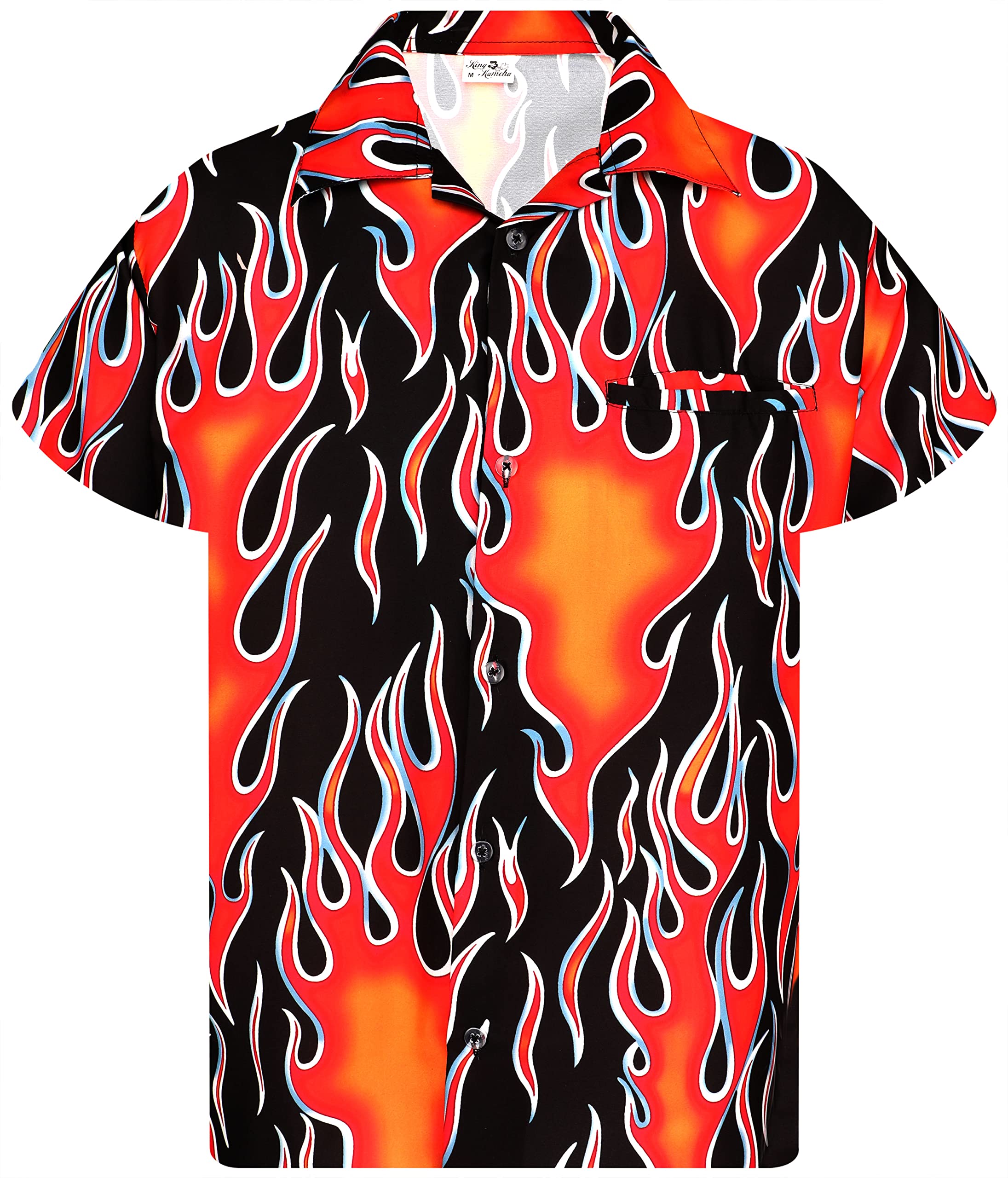 King Kameha Men's Flames-Wild-Design-Red Funky Hawaiian Shirt, Shortsleeve, Flames Wild, Red, 3XL