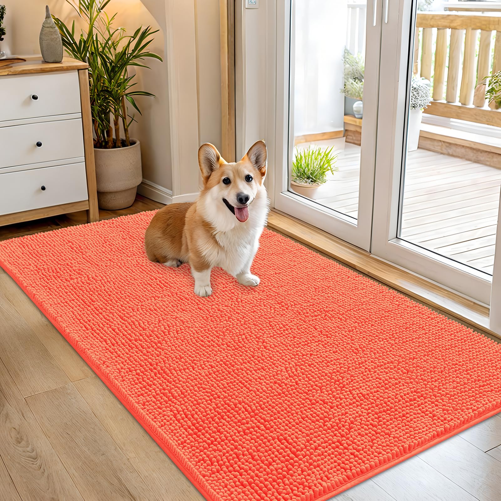 OLANLY Dog Door Mat for Muddy Paws 54x32, Absorbs Moisture and Dirt, Absorbent Non-Slip Washable Doormat, Quick Dry Chenille Mud Mat for Dogs, Entry Indoor Entryway Carpet for Inside Floor, Coral โ image 1