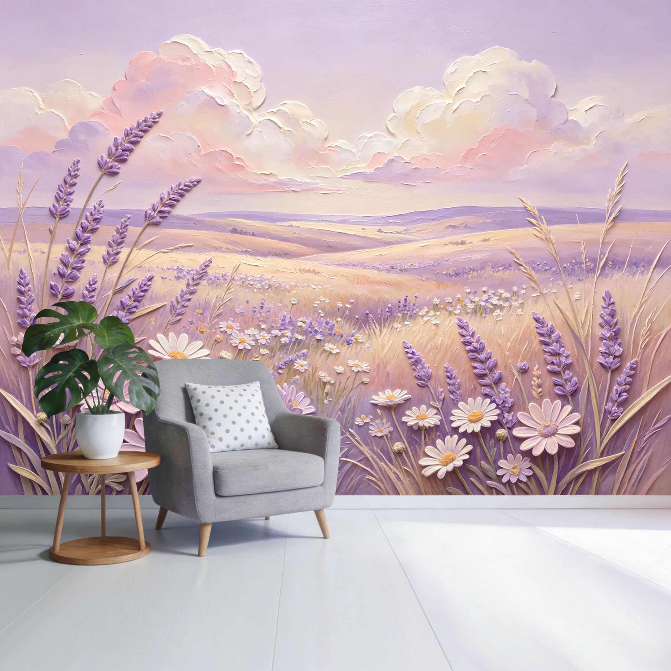 Custom Size Wall Mural Lavender Field and Daisy Meadow Pastel Landscape Watercolor Style SelfAdhesive Wall Fabric Removable Wallpaper for Home Office Decor
