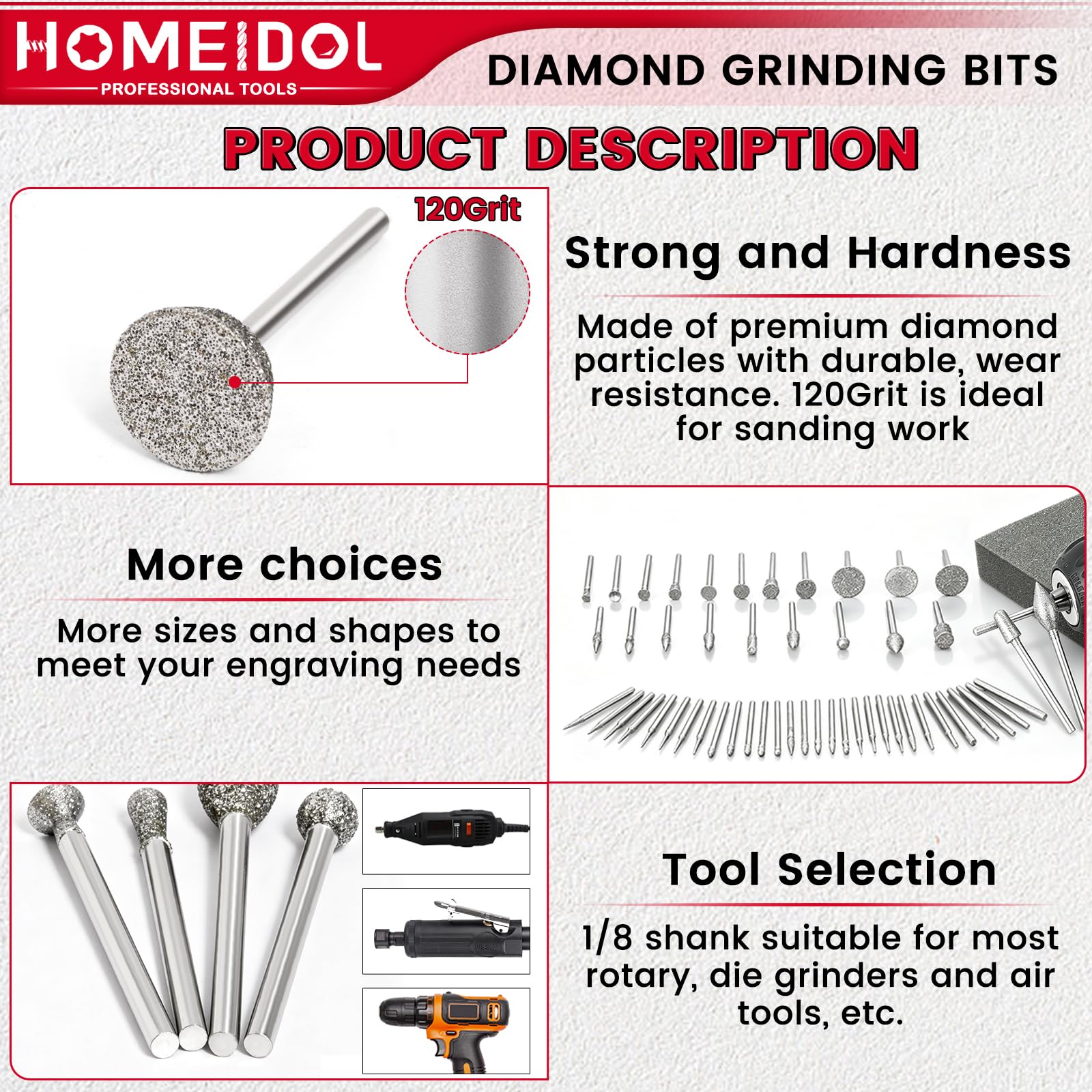 50Pcs 120Grit Diamond Burr Bits for Dremel Bits with 1/8" Shank for Stone — Amazon image 3