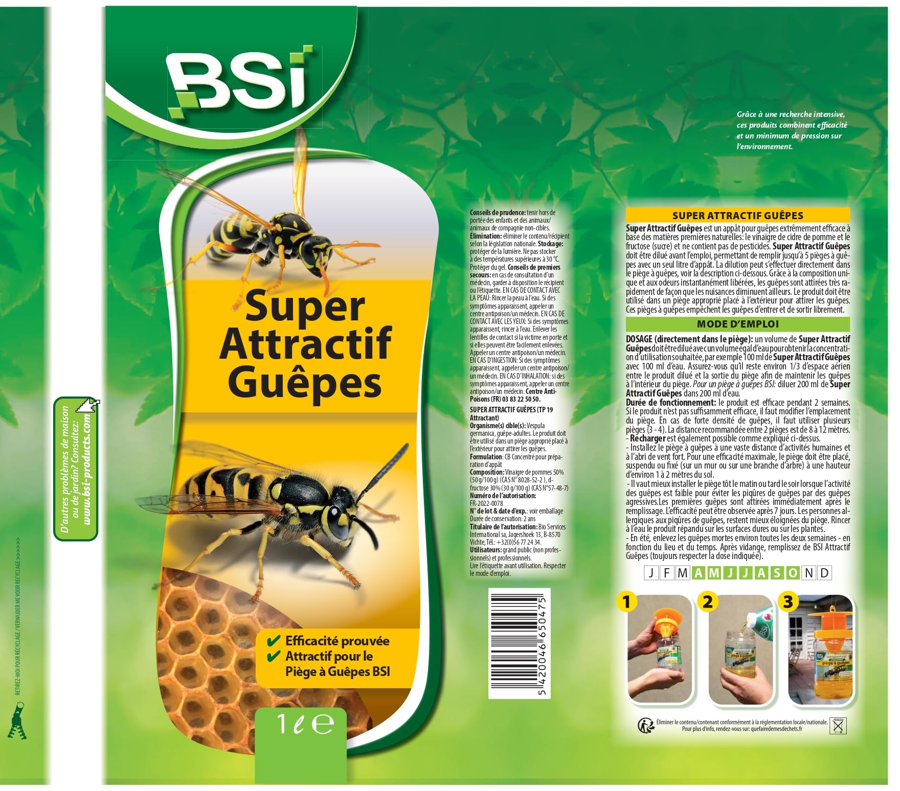 BSI Attractif Puissant Pour Piège À Guêpes Et Frelons Naturel 1L