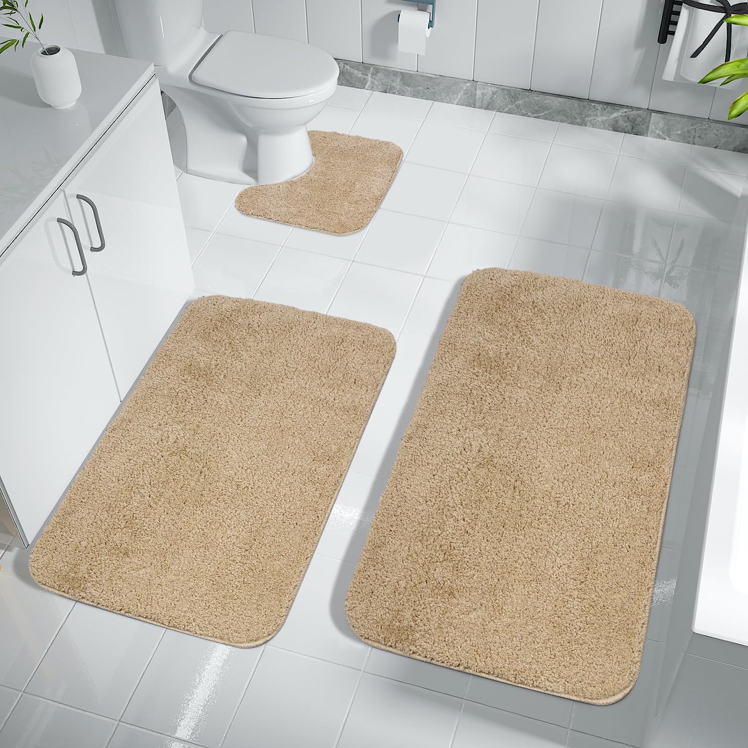 Bath Mat,Beige Bathroom Mat Sets 3 Piece, Super Absorbent Thick Toilet Mats Set,Microfiber Bathroom Mats Non Slip Washable(Beige,U40x50cm +50x60cm+50x80cm)