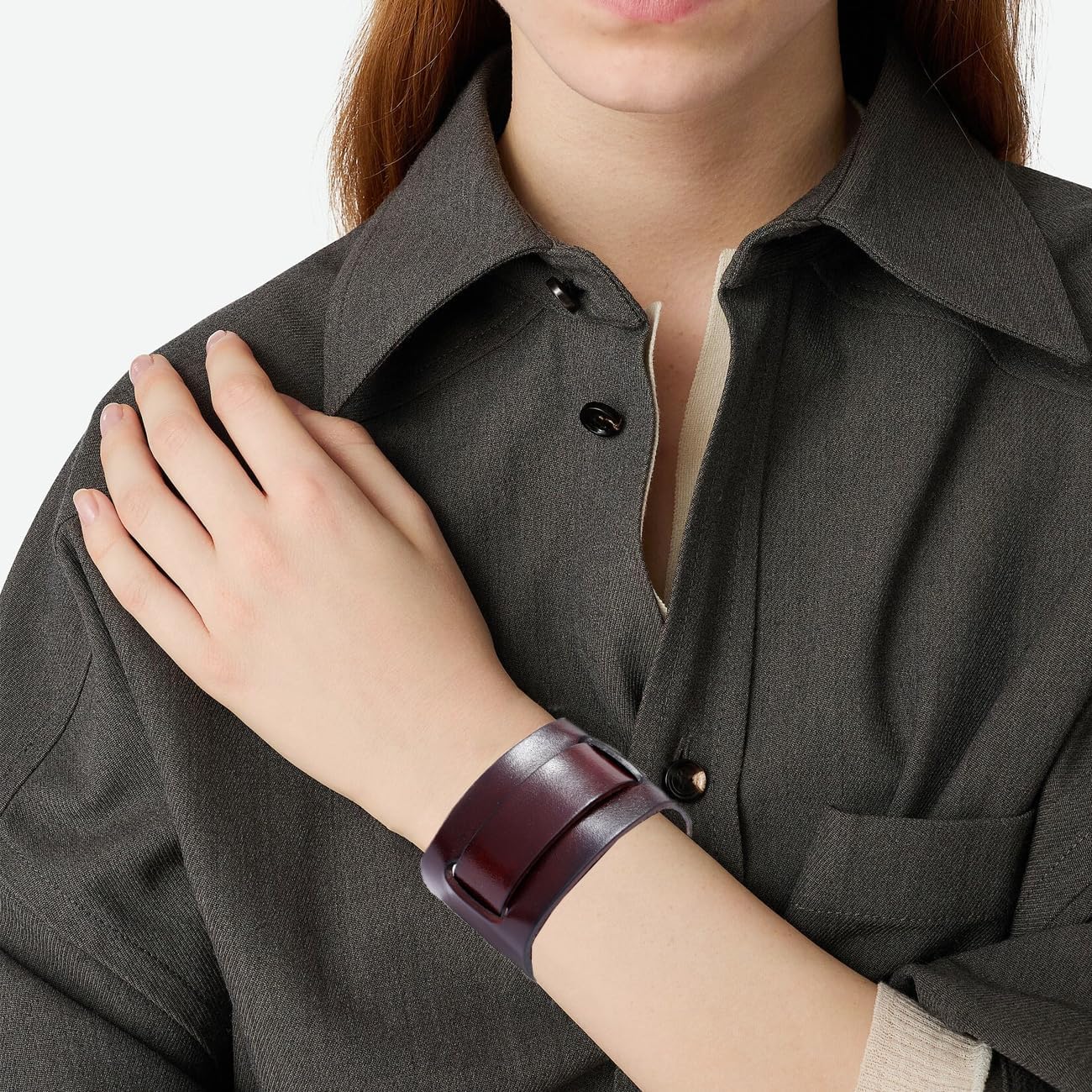 Punk Cuff Bracelet for Men,Adjustable Leather Bracelets for Women,Brown Wide Wrist Cuffs,Vintage Leather Wristbands for Rock Gothic Motorcycle Biker HipHop - Image 5