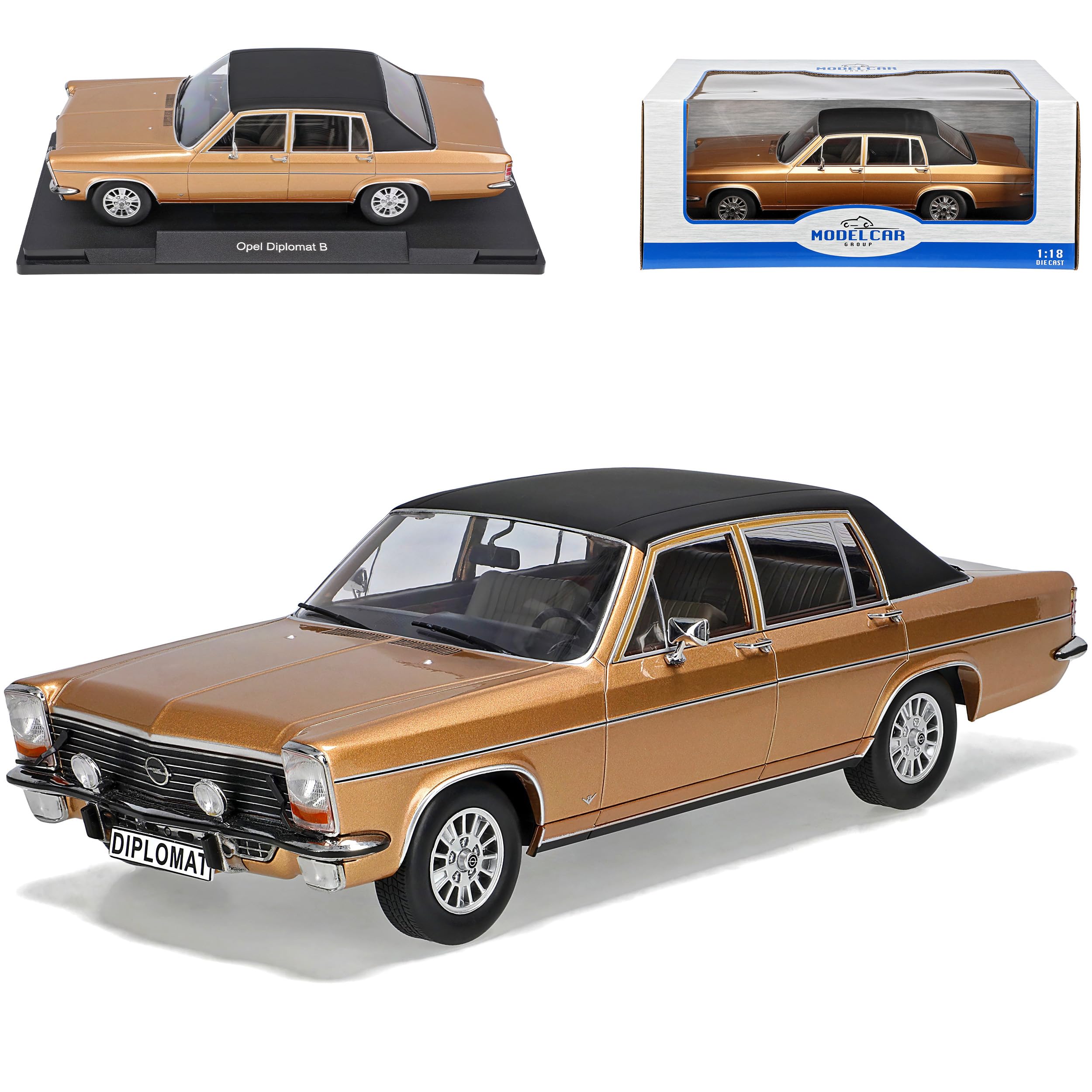 Generisch Opel Diplomat B Limoussine Beige Gold mit Dach in Schwarz 1969-1977 1/18 Model Car Group Modell Auto