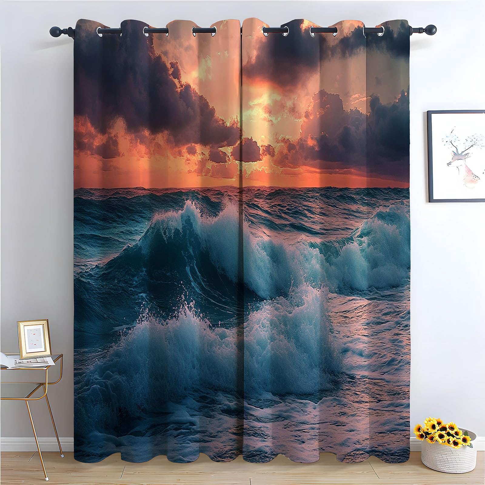 WIKEO Floral Curtains for Living Room Bedroom Beautiful Ocean Scenery Textured Farmhouse Curtain Leaf Printed Eyelet Rustic Drapes Window Treatment-52 W x 96" L (Pack of 2)
