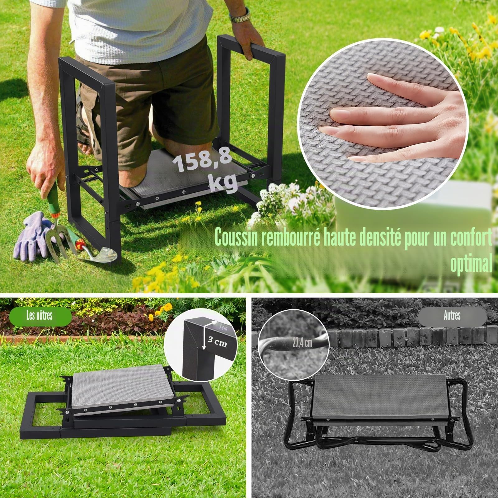 Tabouret de Jardin Pliant 31 cm - Banc à Genoux et Siège avec Poignées, Robuste et Pratique pour Le Jardinage - Conçu pour Seniors et Femmes - Idéal comme Cadeau D'Outils de Jardin