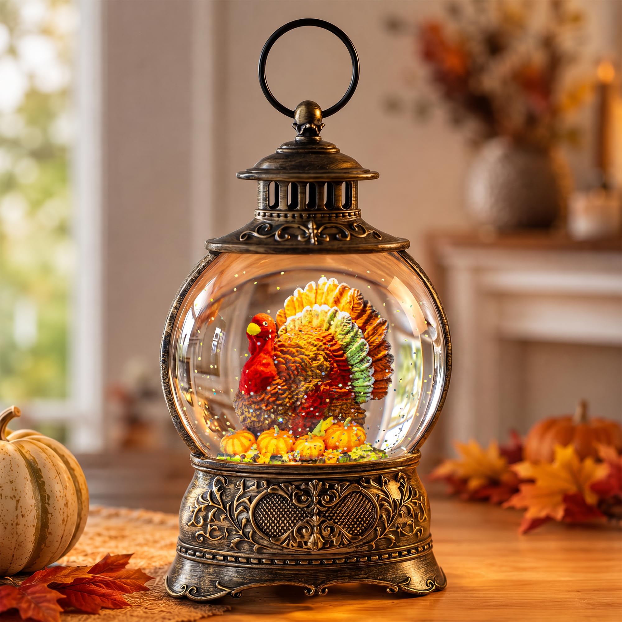 Fall Snow Globe Lantern - Thanksgiving Glittering Lighted Water Lantern, Fall Decorations Autumn Harvest Day Gifts, Home Halloween Christmas Decor (Turkey in Pumpkin)