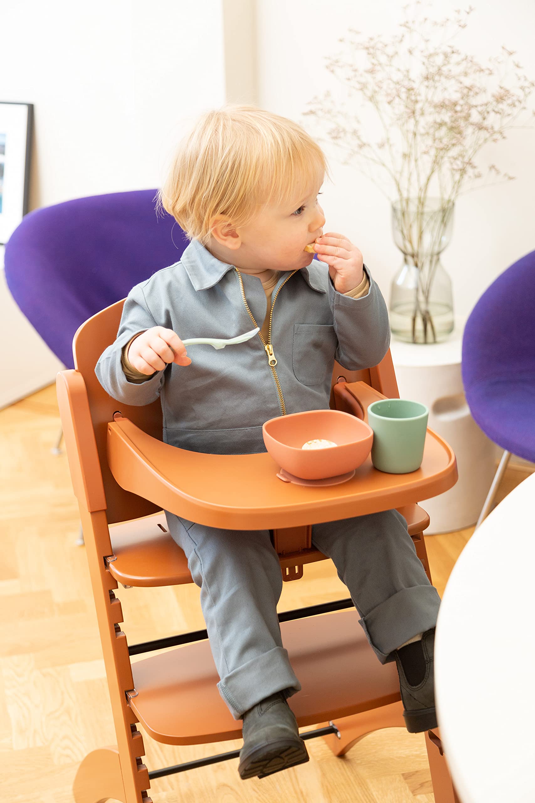 CHILDHOME, Chaise Haute Bebe Evolutive : De 0 mois à 85KG, Tablette Incluse, Bois de Hêtre, Arceau, Sécuritaire Harnais 5 points, Vis Invisibles, Evosit, Terracota